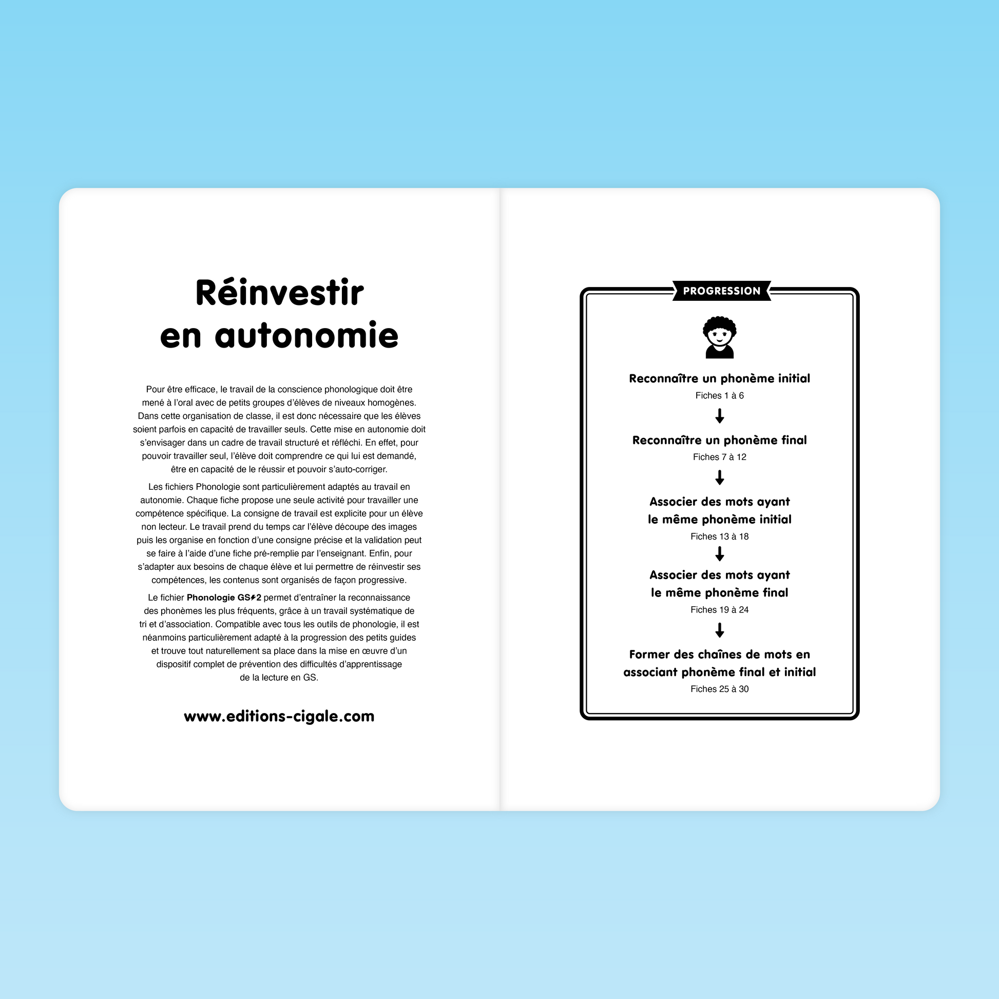 double page sur l’autonomie et la progression des fiches de reconnaissance des phonèmes en grande section
