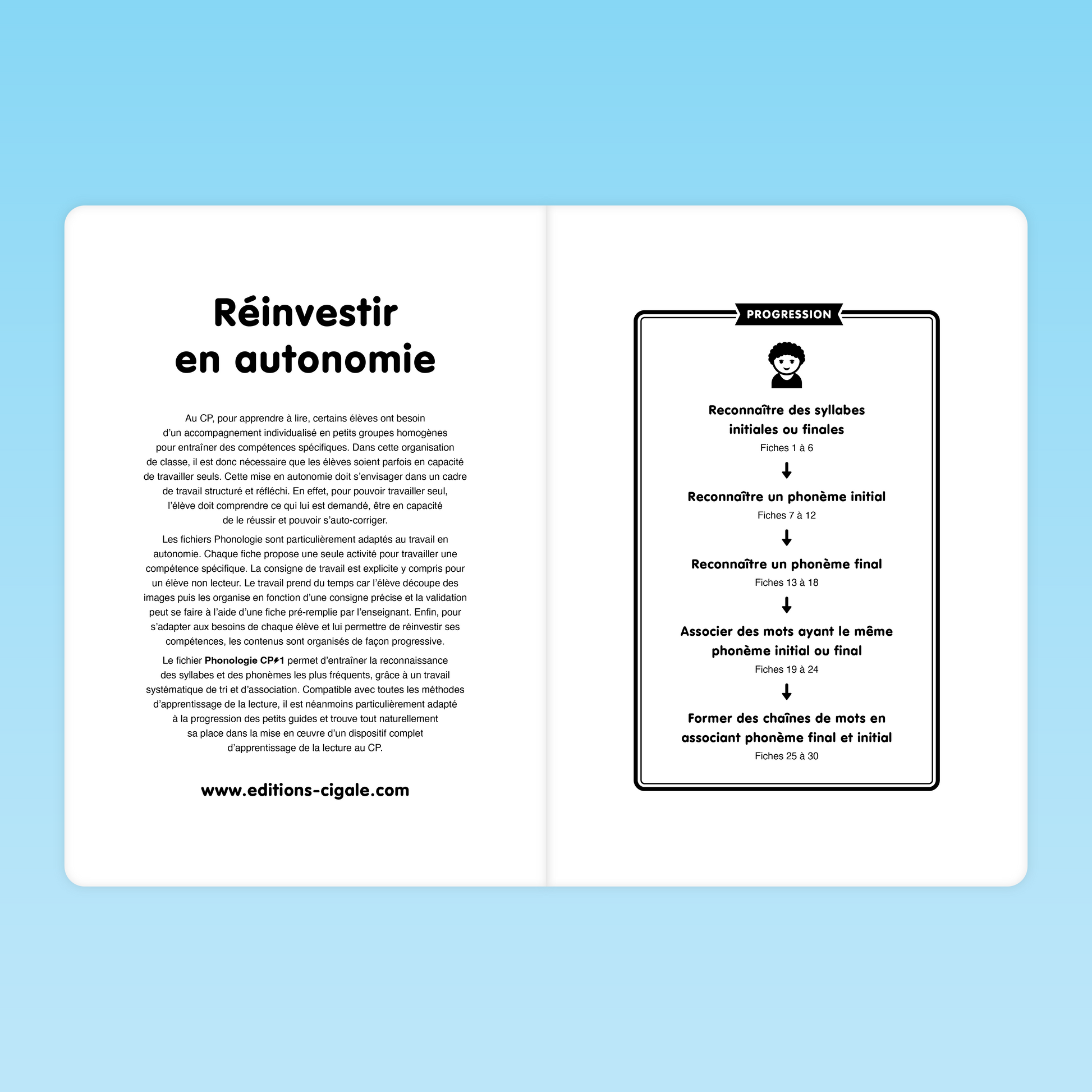 progression pédagogique des fiches Reconnaissance de syllabes et phonèmes CP, 30 fiches