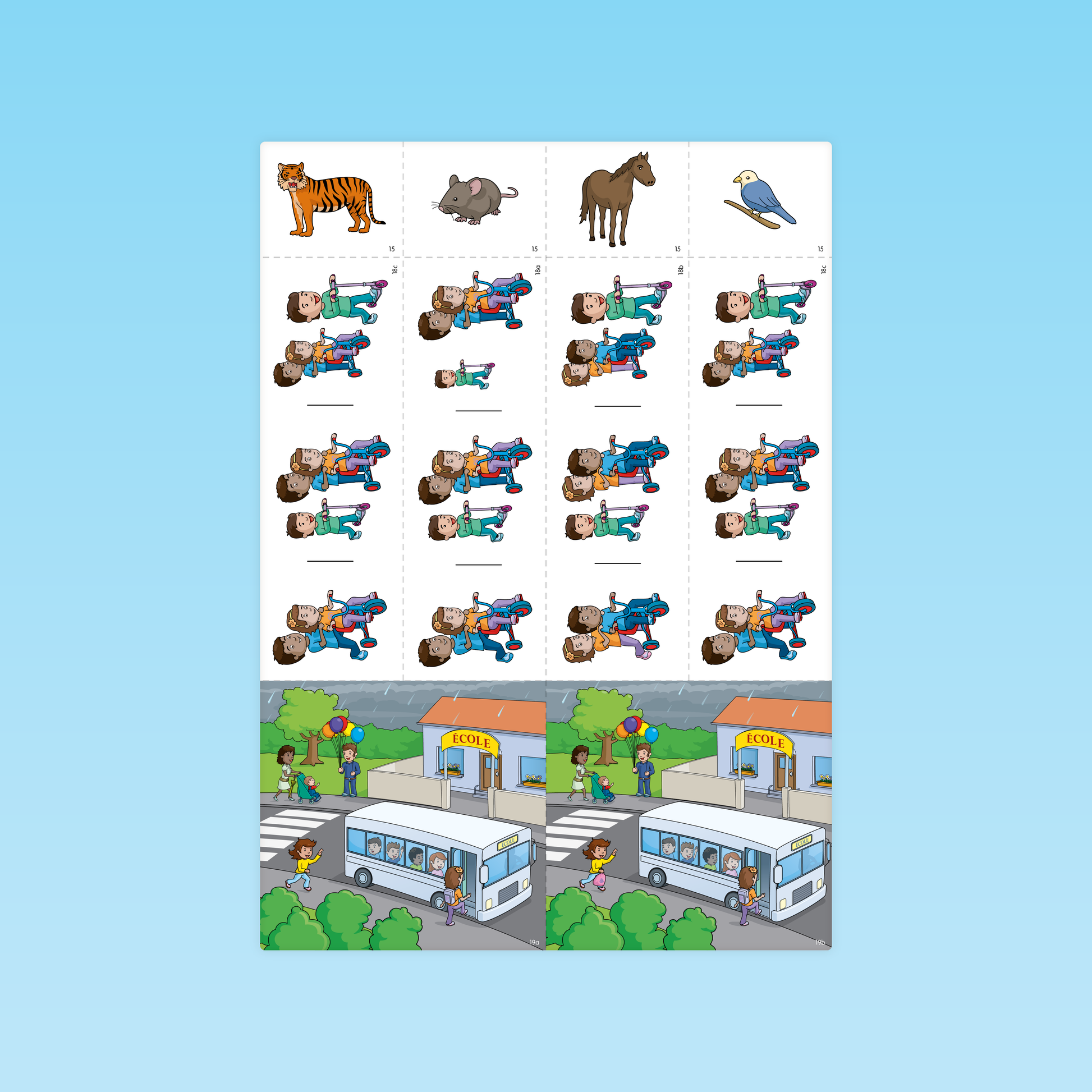 planche à découper raisonnement logique GS avec cartes d’animaux et scènes d’école et de bus pour activité de choix du bon modèle