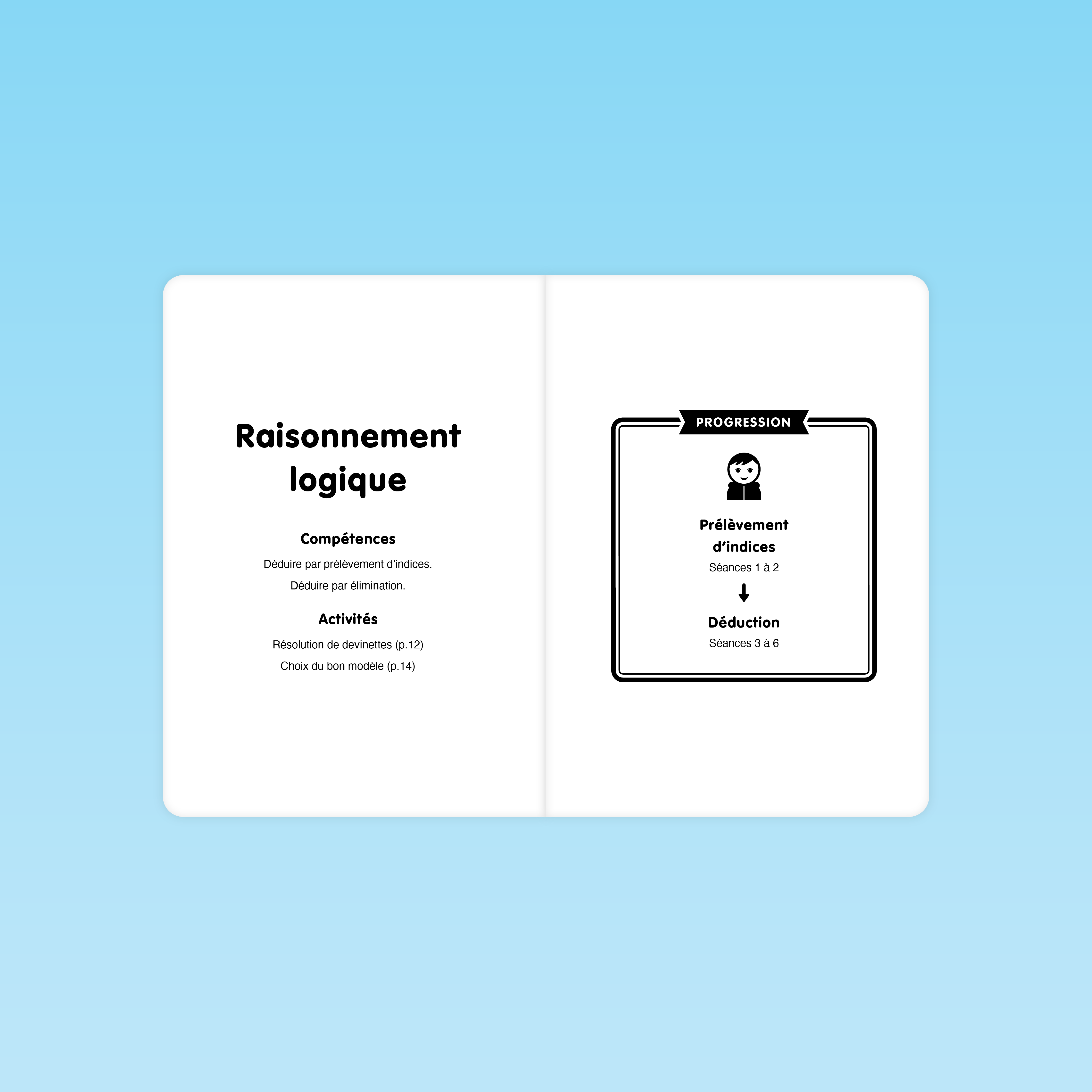 double page du guide Raisonnement logique M3 présentant les compétences visées et la progression des séances de déduction logique en maternelle