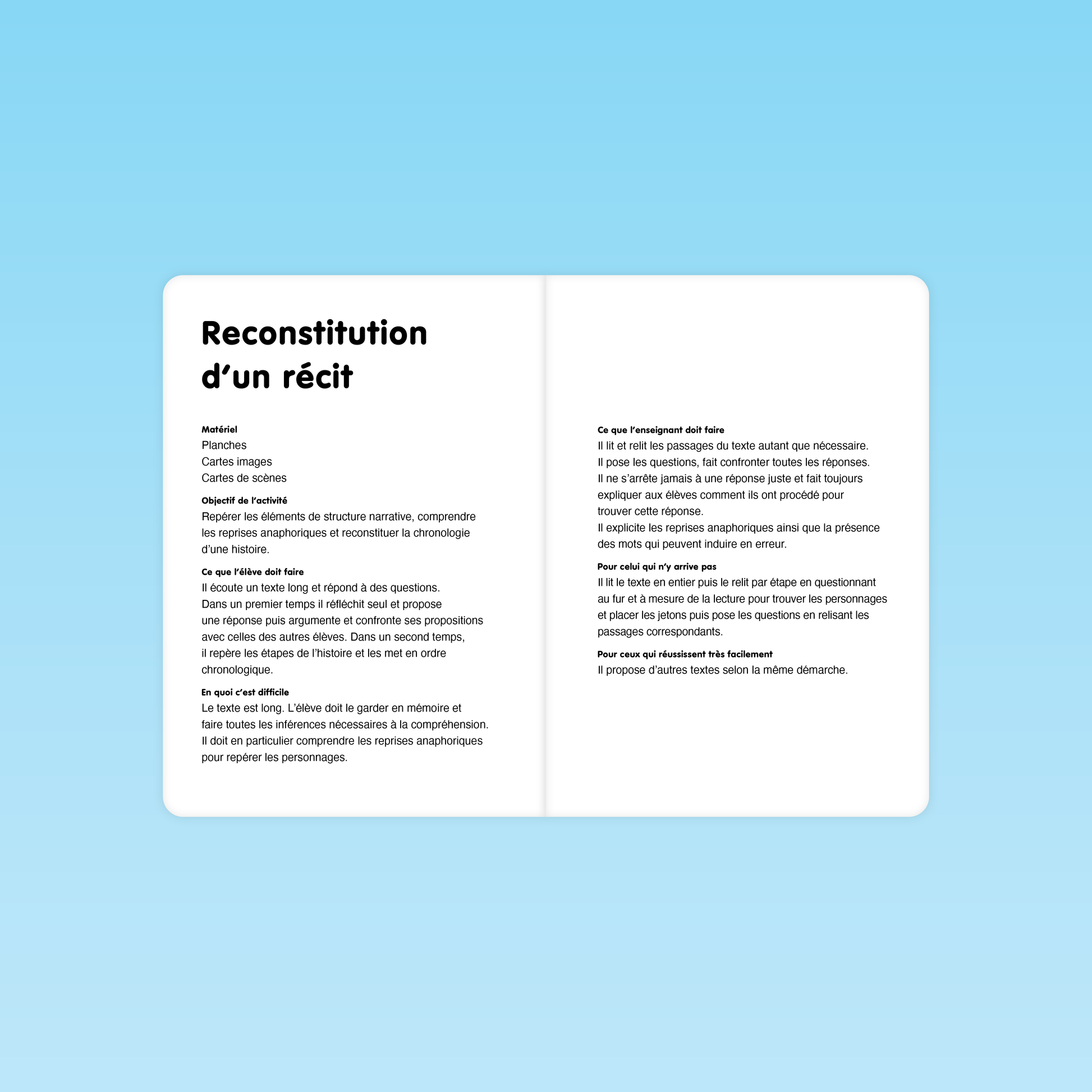 instructions enseignant reconstitution d’un récit GS objectifs matériel planches cartes images scènes étapes ordonner chronologie