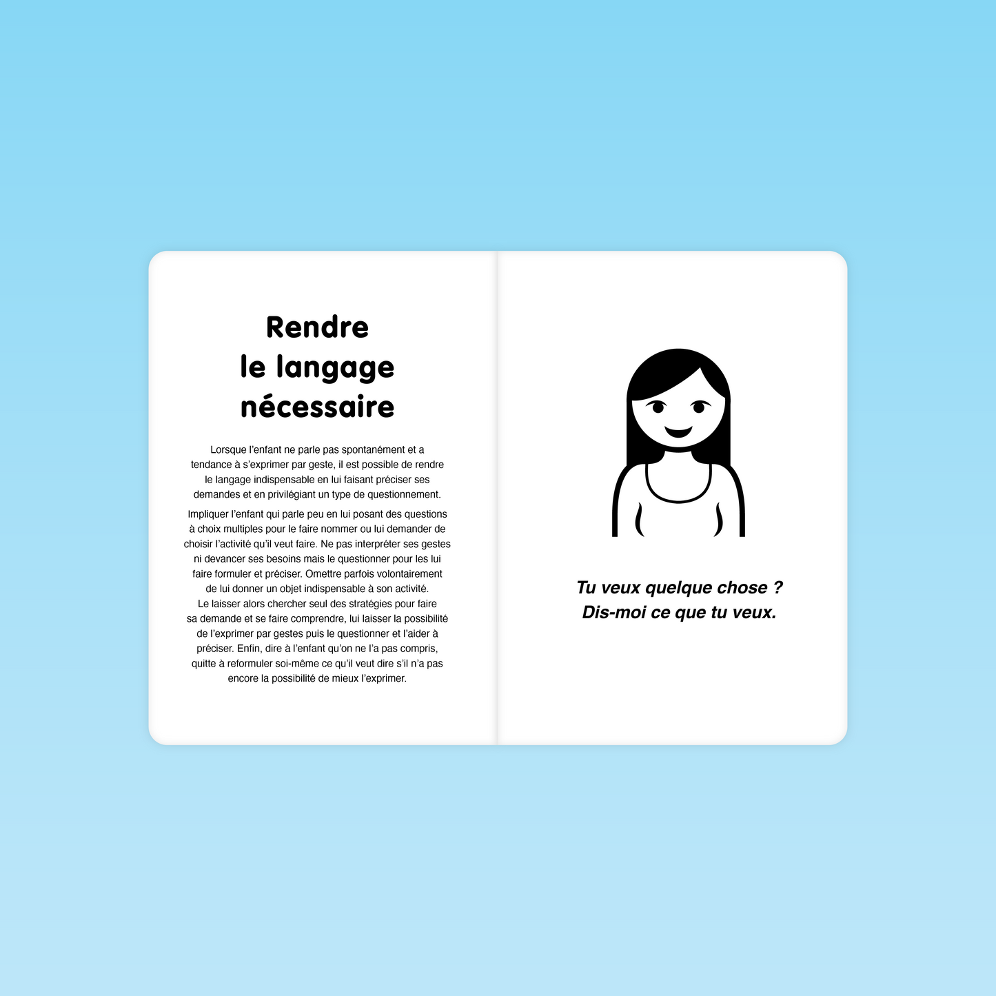 double page illustrant la technique pour rendre le langage nécessaire dans la classe maternelle avec exemple de phrase