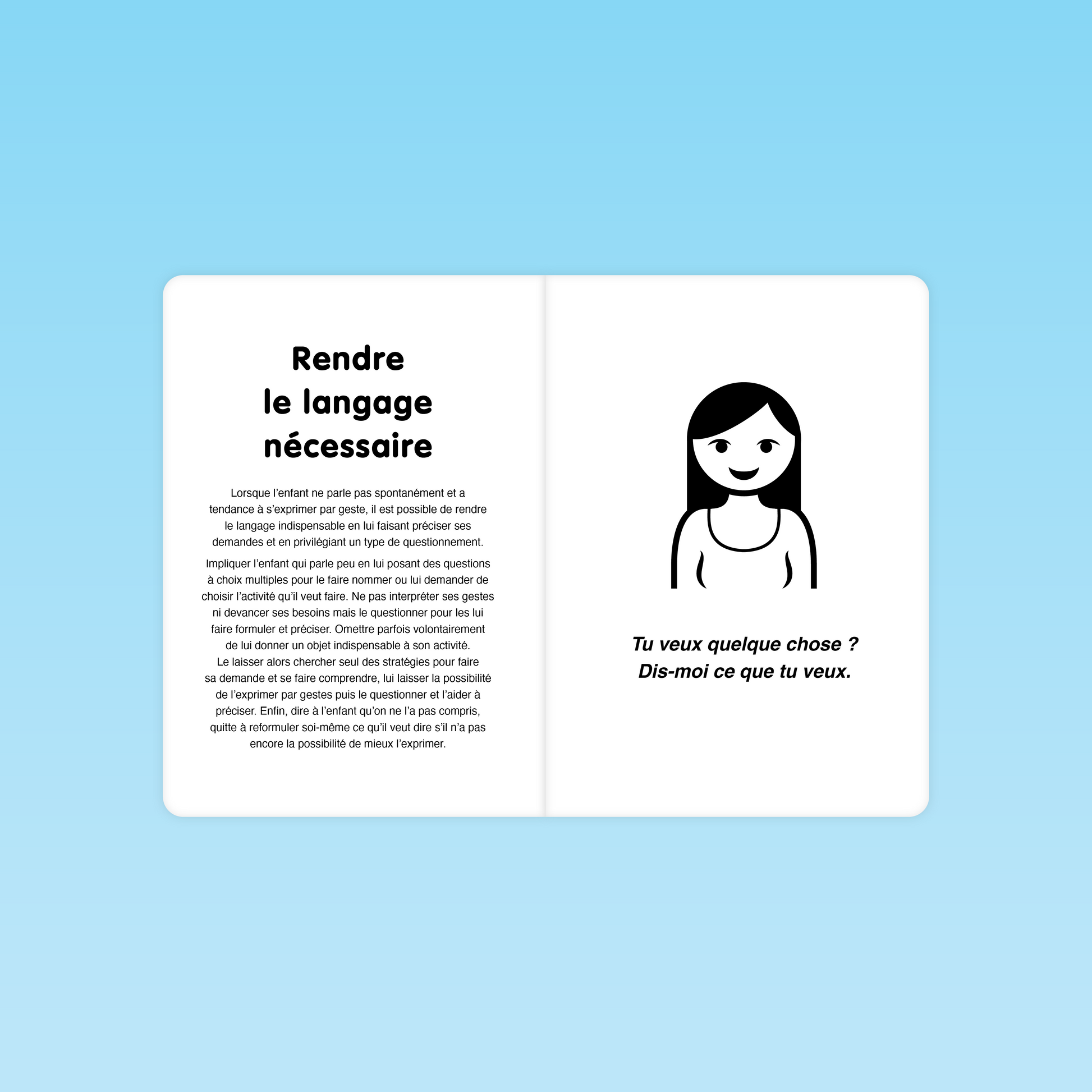 double page illustrant la technique pour rendre le langage nécessaire dans la classe maternelle avec exemple de phrase