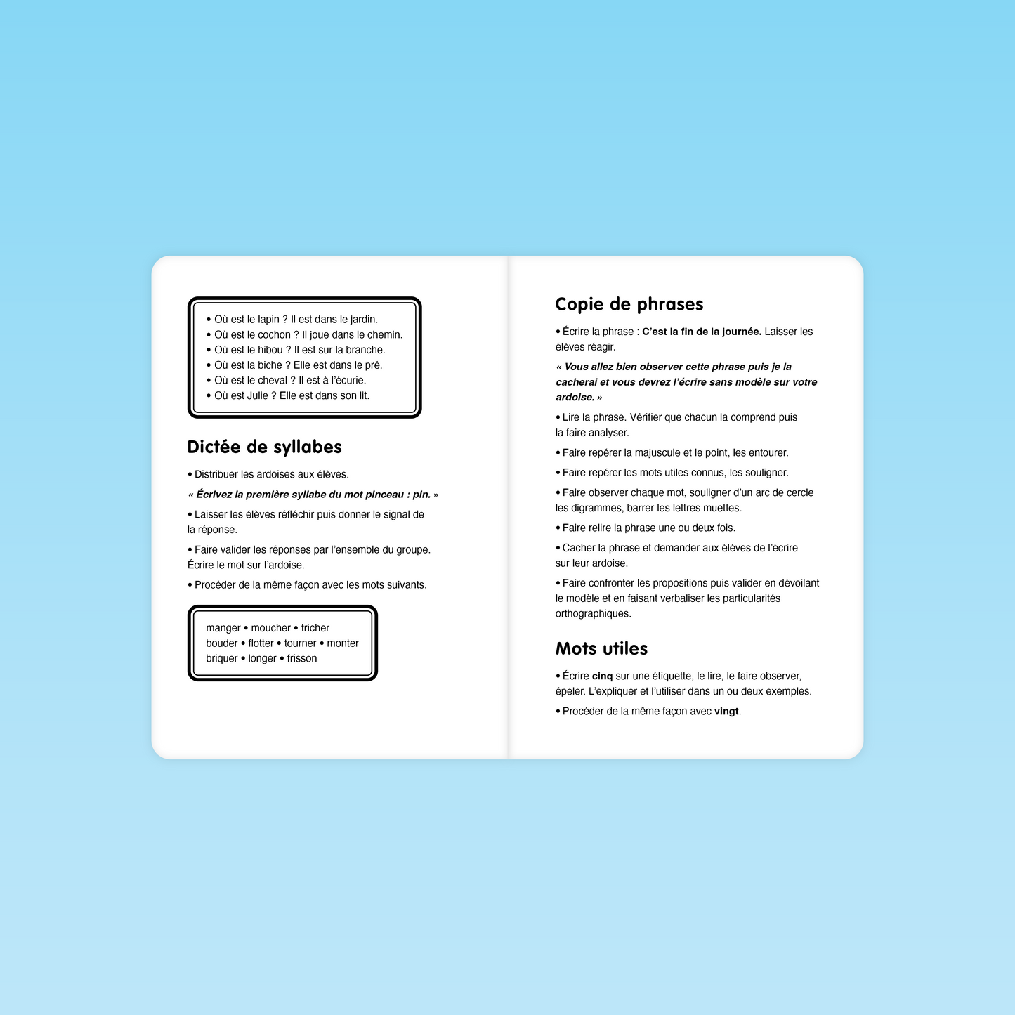 fiche cp avec dictée de syllabes, exercices de copie de phrases et reconnaissance de mots outils en séance 6