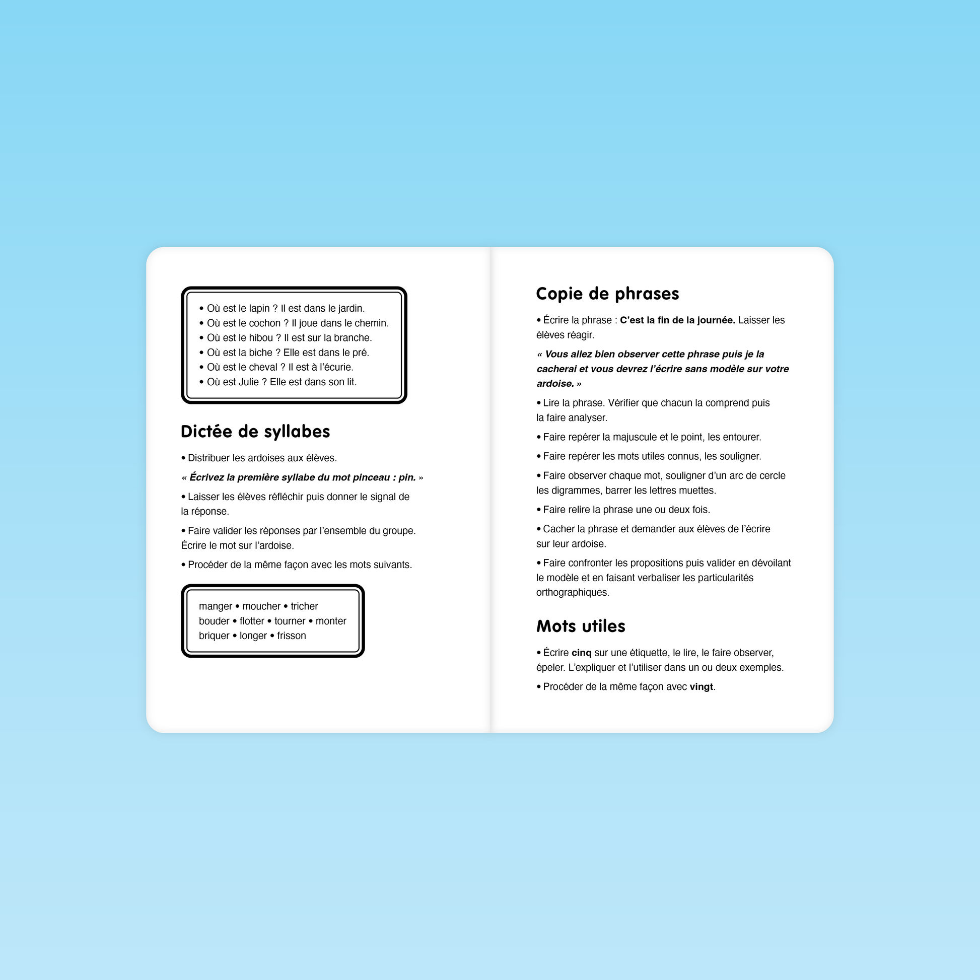 fiche cp avec dictée de syllabes, exercices de copie de phrases et reconnaissance de mots outils en séance 6