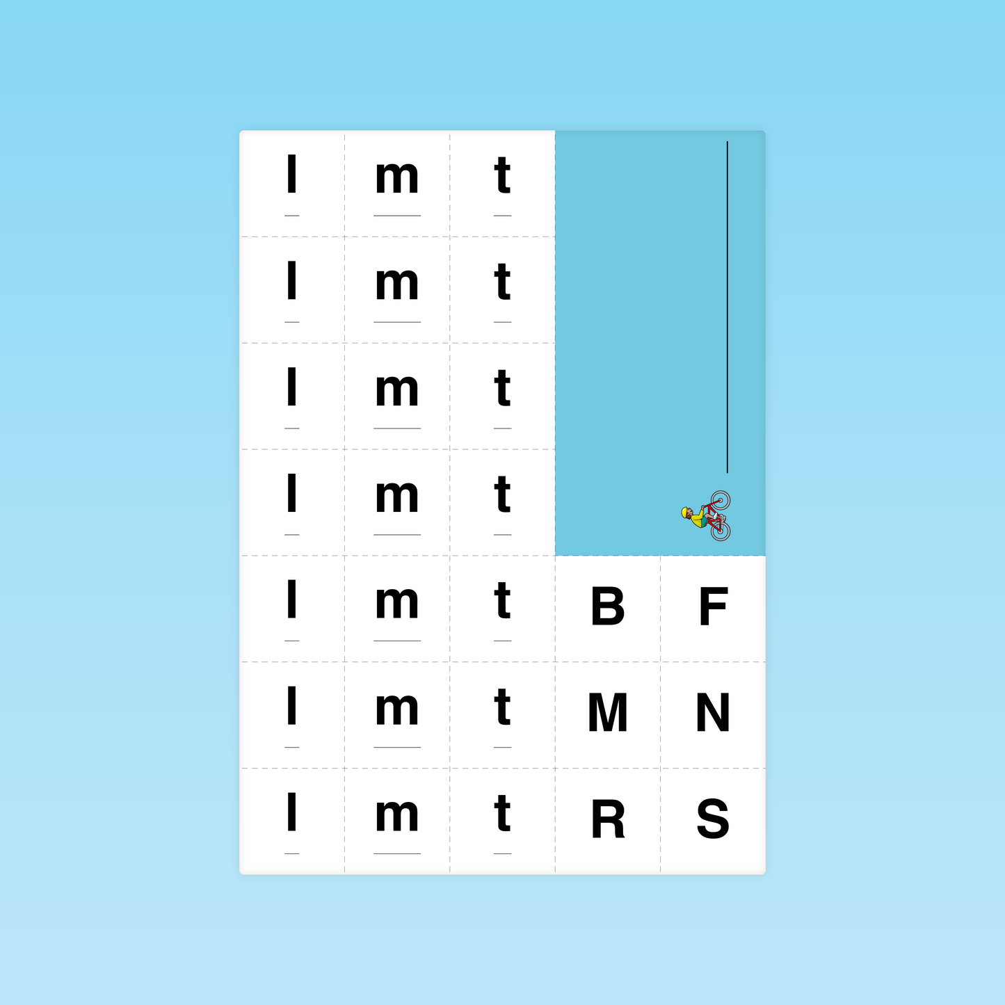 cartes graphèmes à découper GS : colonnes de lettres (l, m, t…) sur fond coloré pour entraînement au décodage