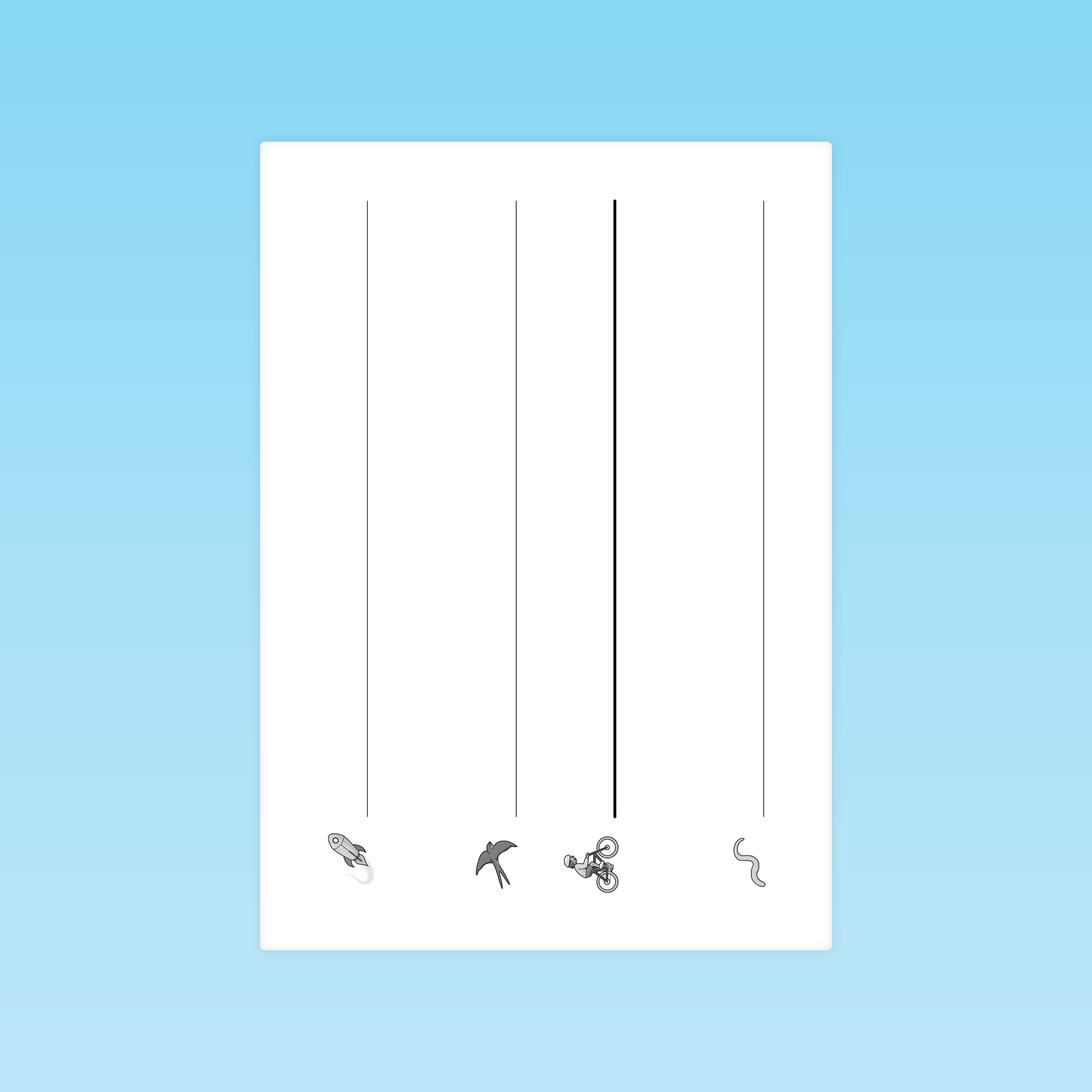 illustration activité lecture mots GS : suivre des chemins verticaux pour relier des objets (fusée, hirondelle, vélo, ver)