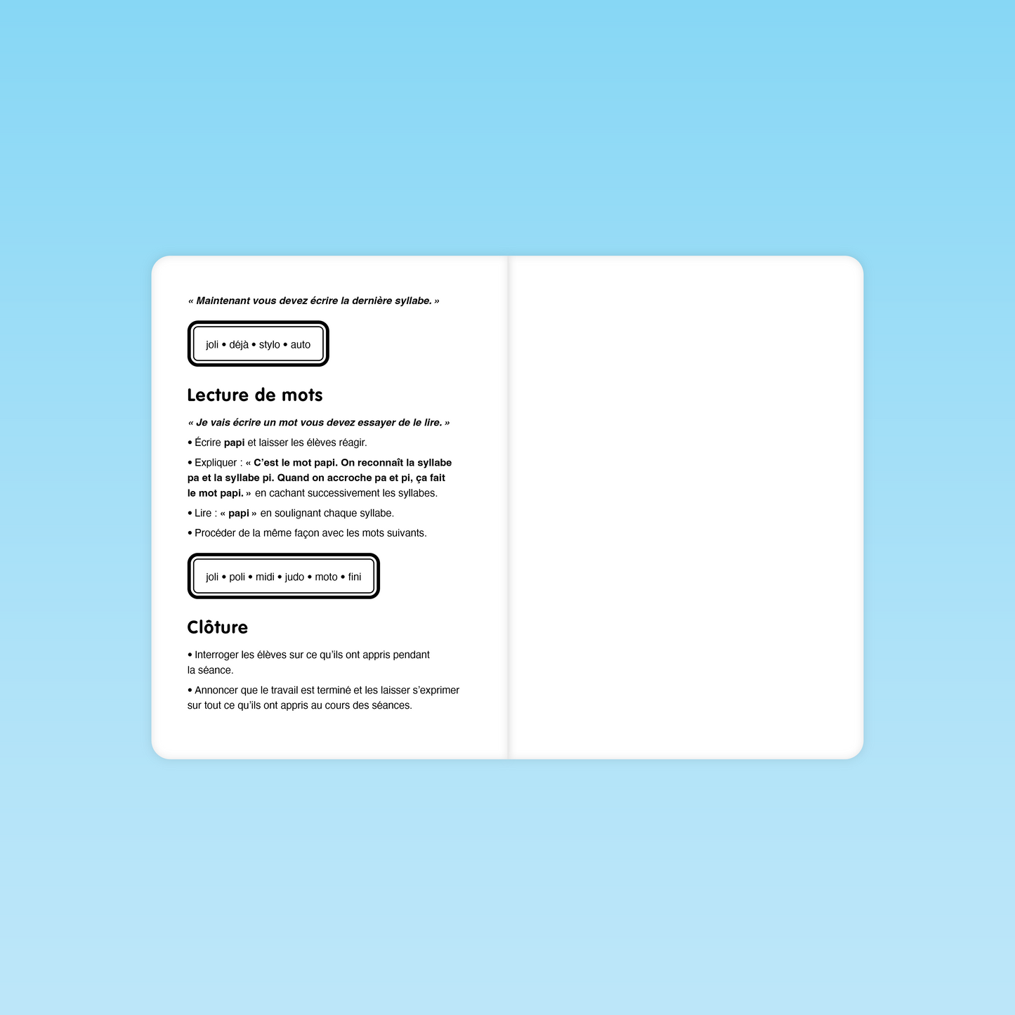 double-page consignes GS : lecture de mots avec étapes de mise en route, reconnaissance de syllabes et dictée