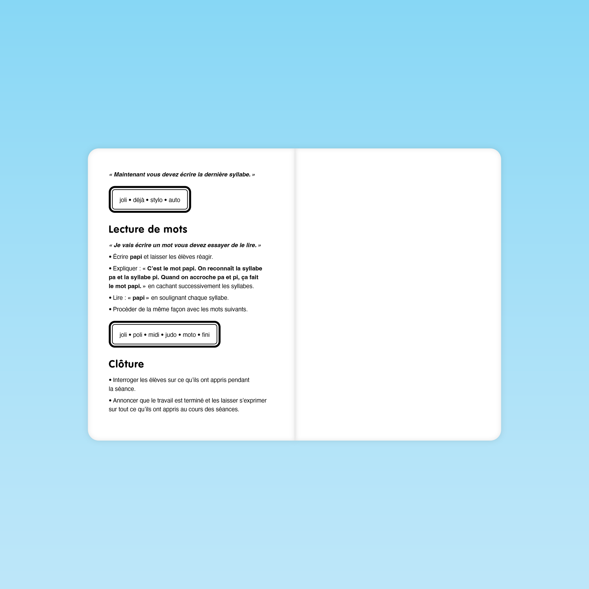 double-page consignes GS : lecture de mots avec étapes de mise en route, reconnaissance de syllabes et dictée