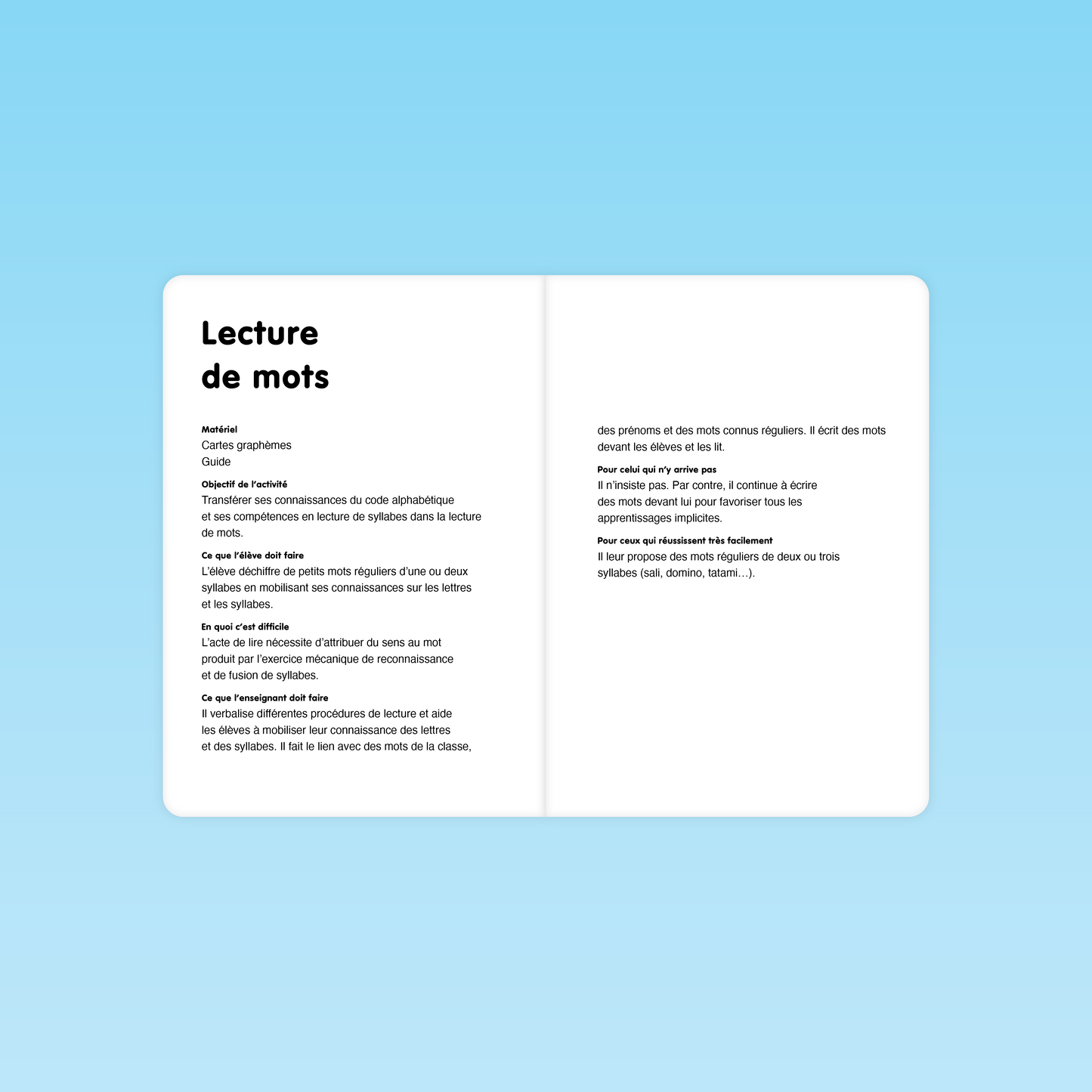 double-page introduction GS : présentation de l’activité « Lecture de mots », objectifs, matériel et directives