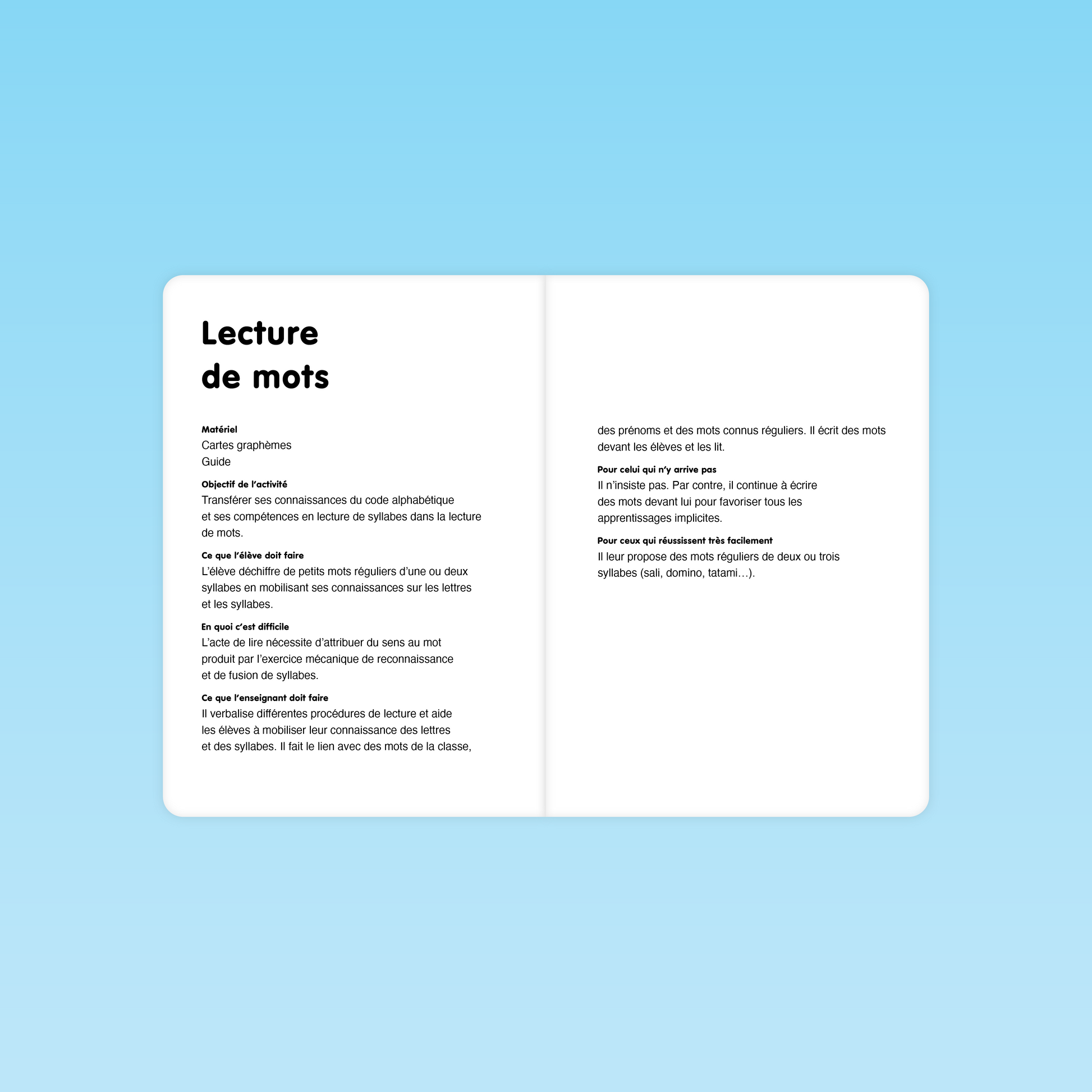 double-page introduction GS : présentation de l’activité « Lecture de mots », objectifs, matériel et directives