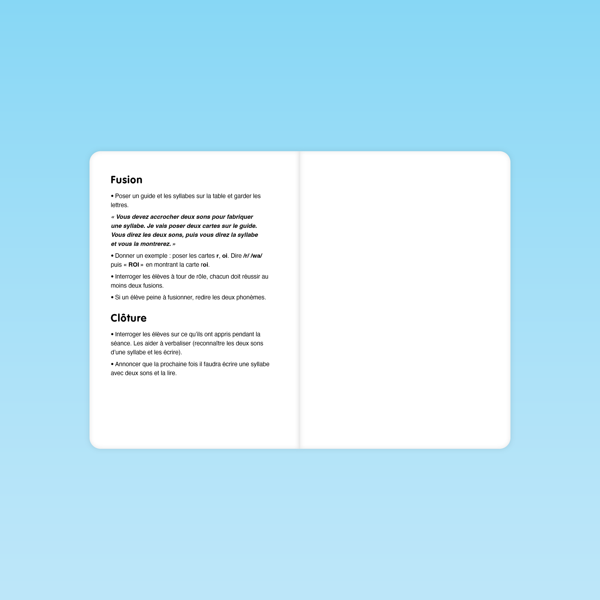pages d’instructions pour la fusion de phonèmes avec exemples de syllabes et cartes