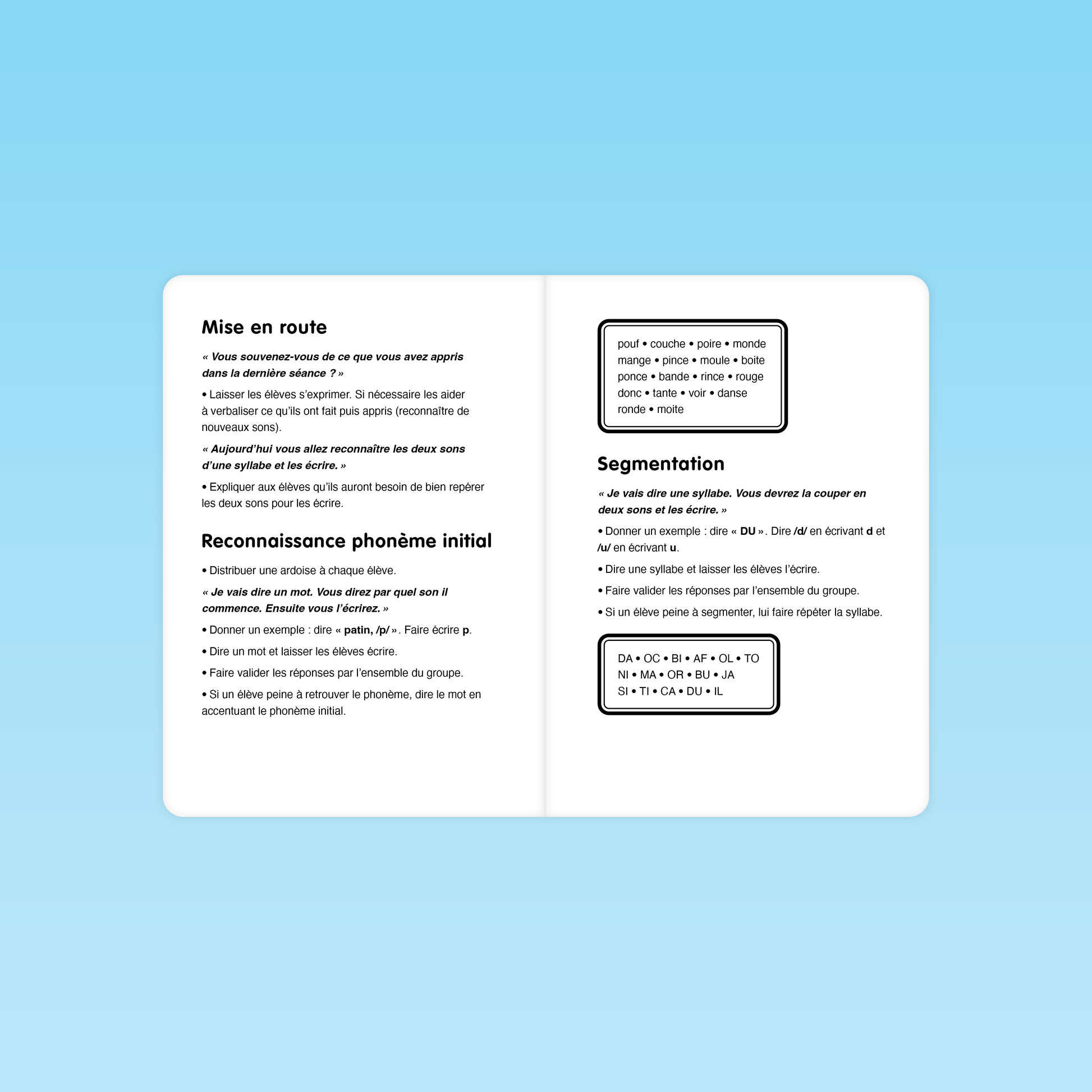 consignes de démarrage de séance et activités de reconnaissance phonème initial et segmentation