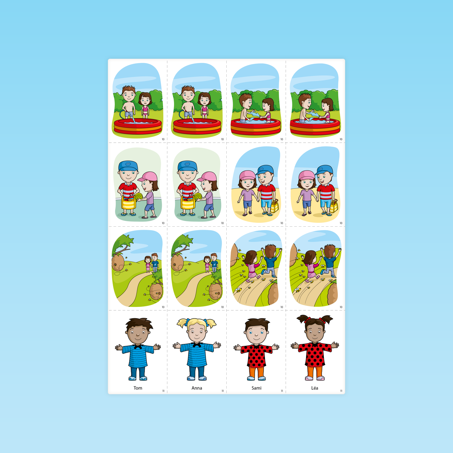 planche de cartes séquentielles montrant des enfants jouant dans une piscine, s’essuyant, se promenant et portraits de Tom, Anna, Sami et Léa