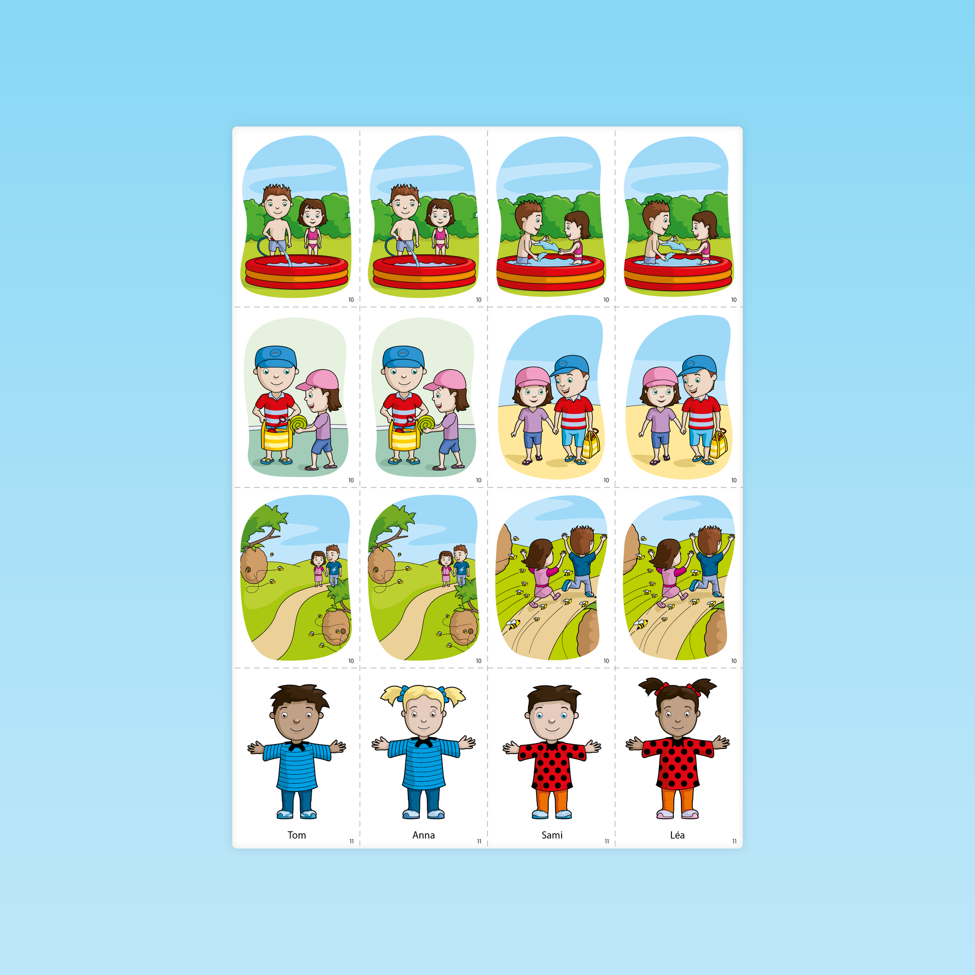 planche de cartes séquentielles montrant des enfants jouant dans une piscine, s’essuyant, se promenant et portraits de Tom, Anna, Sami et Léa