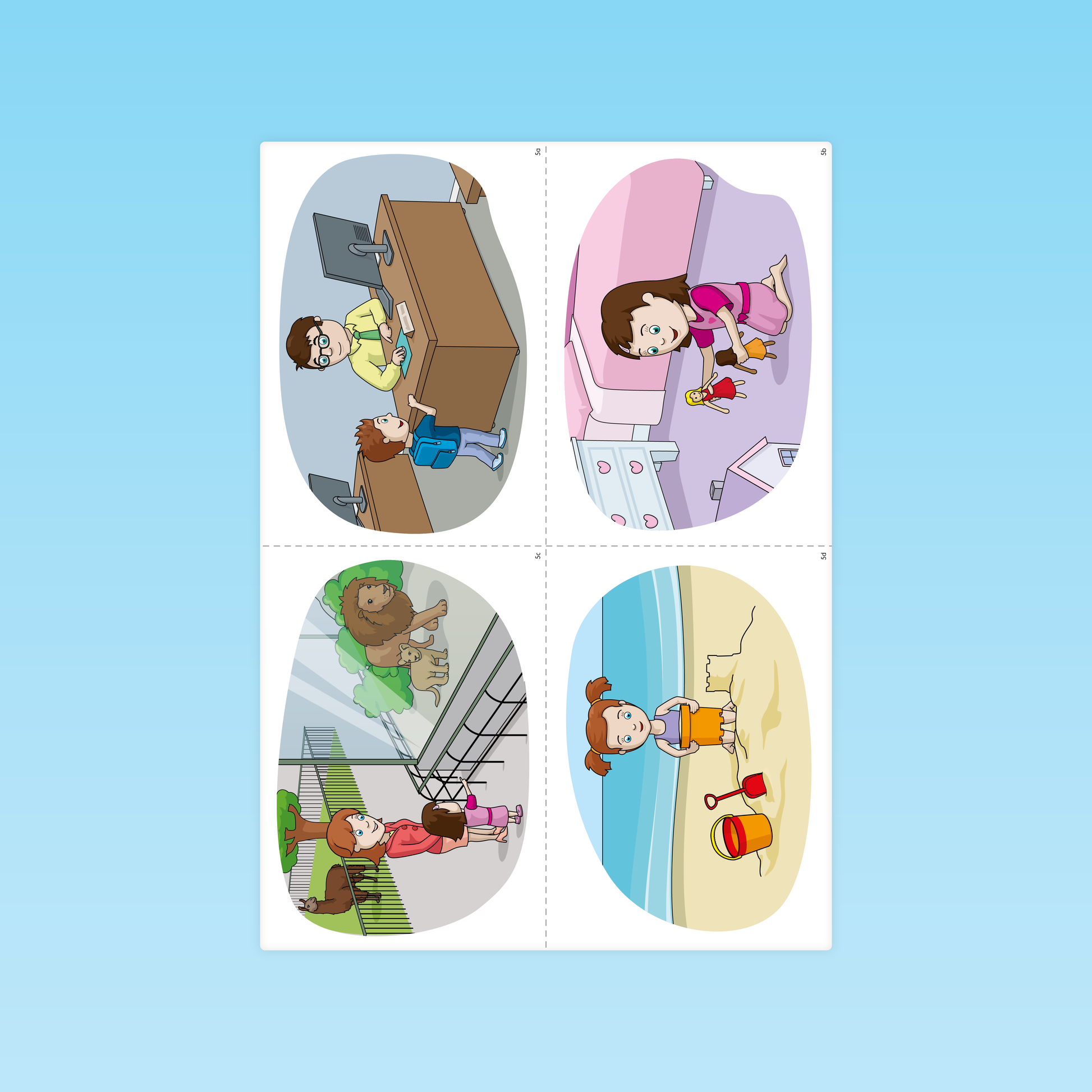 planche de cartes séquentielles compréhension de la langue P1 : enfant interagit avec un enseignant, fillette joue dans sa chambre, visite au zoo et jeu de plage