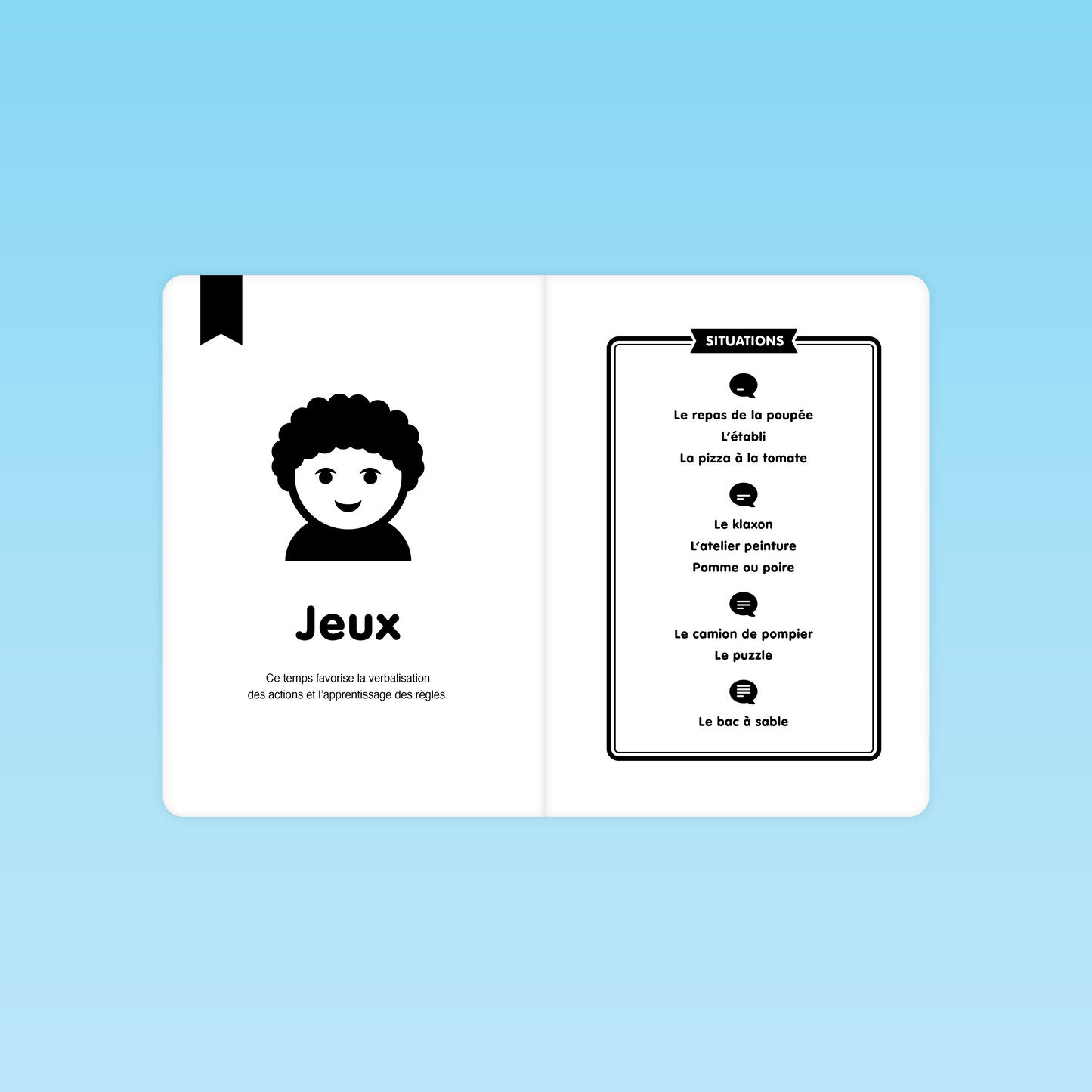 double page listant les situations de jeu favorisant la verbalisation et l’apprentissage du langage en maternelle