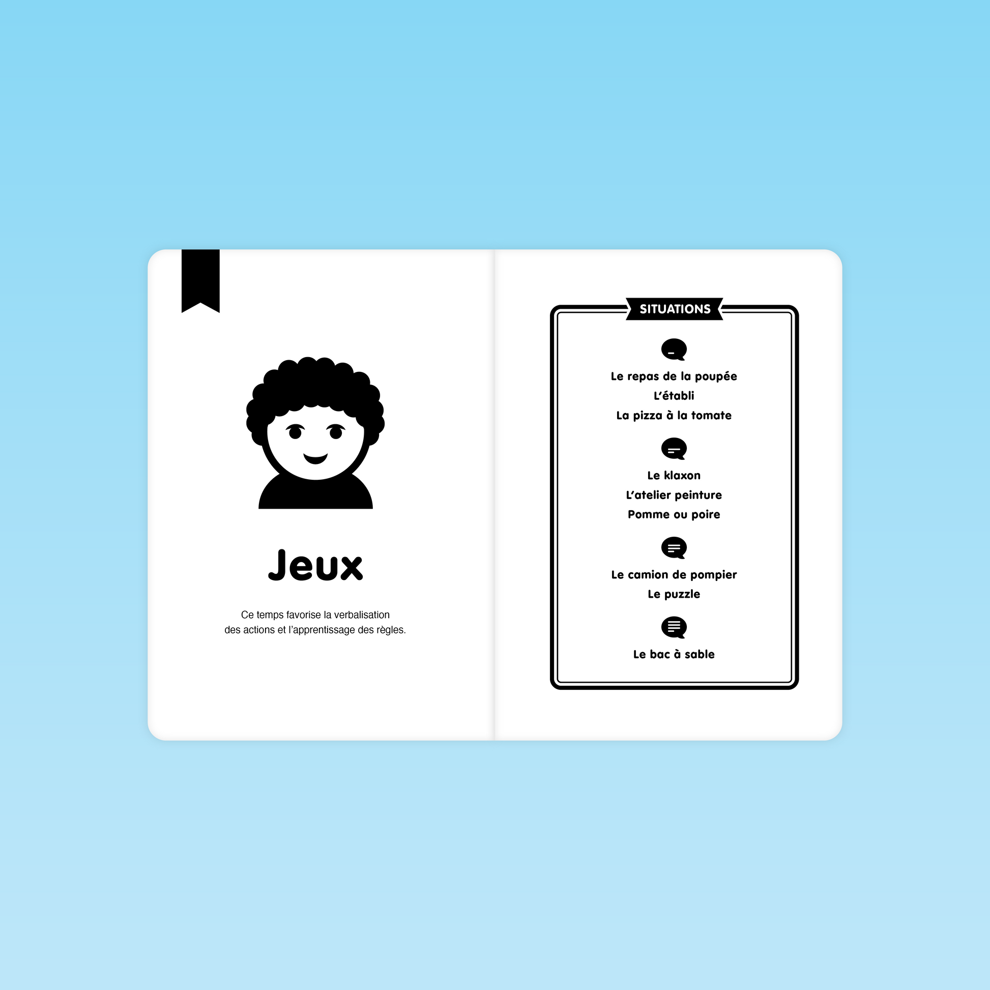 double page listant les situations de jeu favorisant la verbalisation et l’apprentissage du langage en maternelle