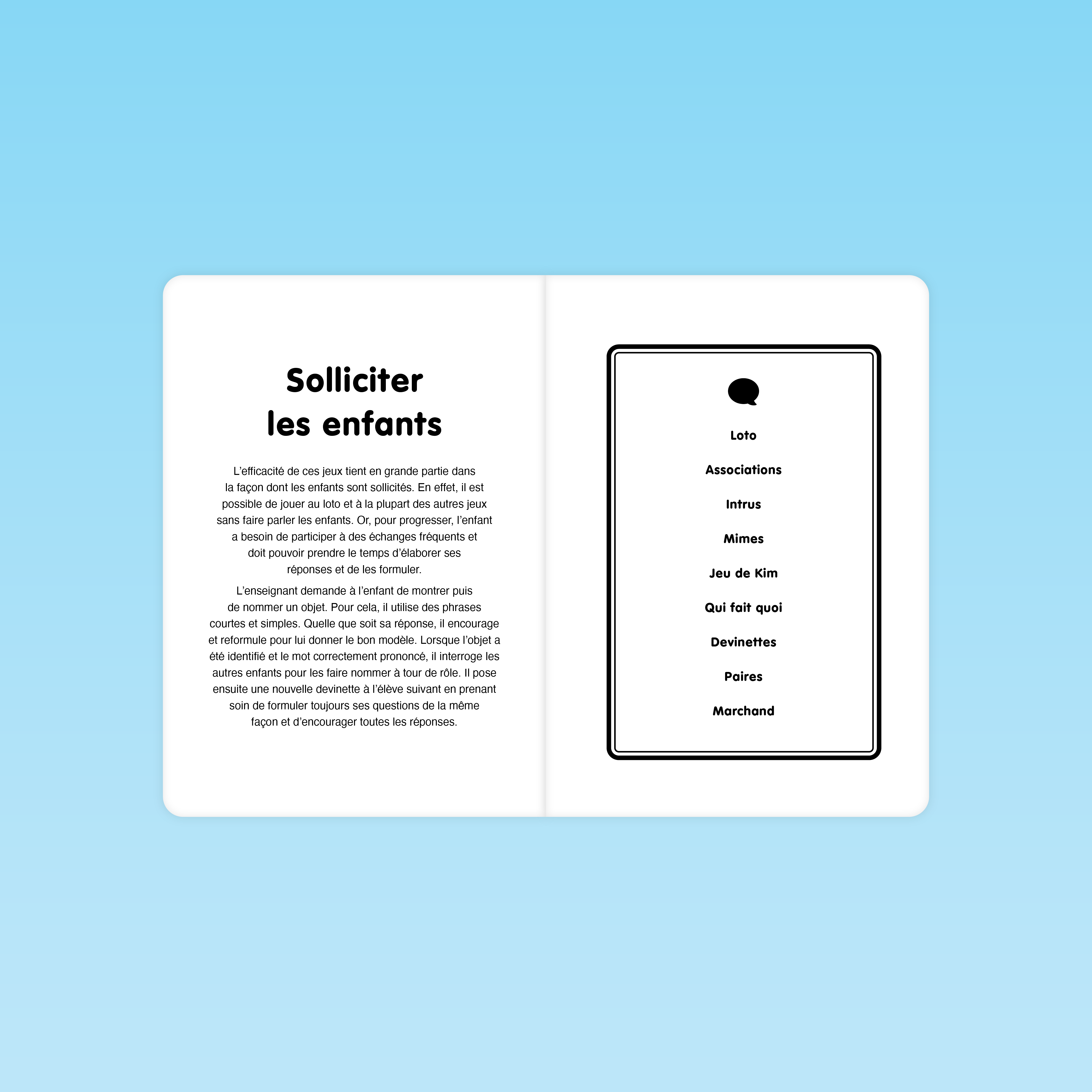 double page du guide Parler Bambin expliquant comment solliciter les enfants avec la liste des 9 jeux