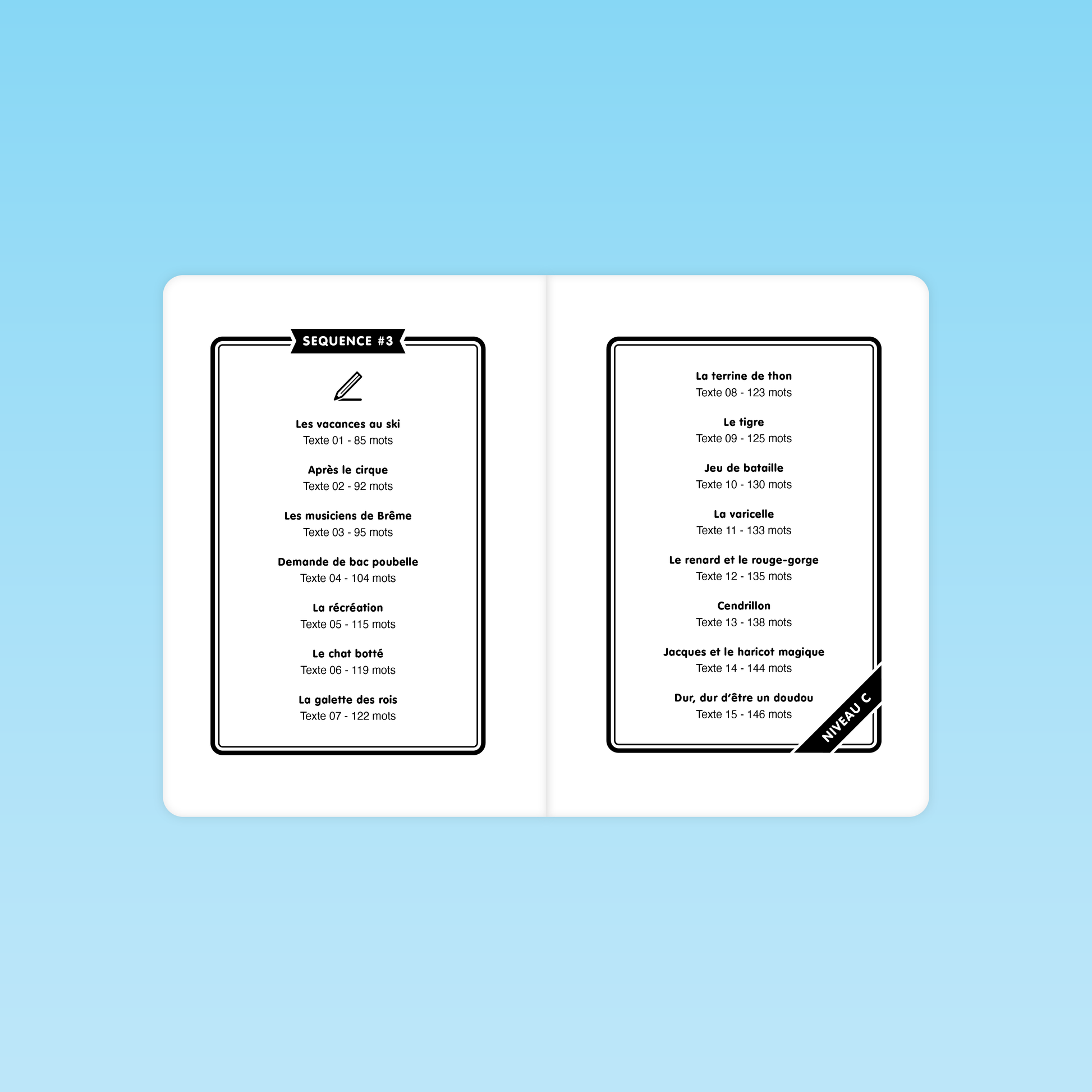 Liste des textes de fluence niveau C pour CP CE avec titres et nombre de mots dans la séquence 3
