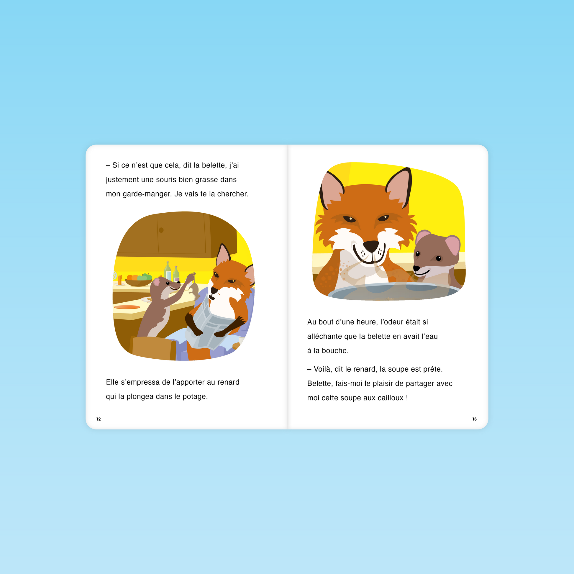 la belette apporte une souris au renard et ils savourent ensemble la soupe aux cailloux dans la cuisine
