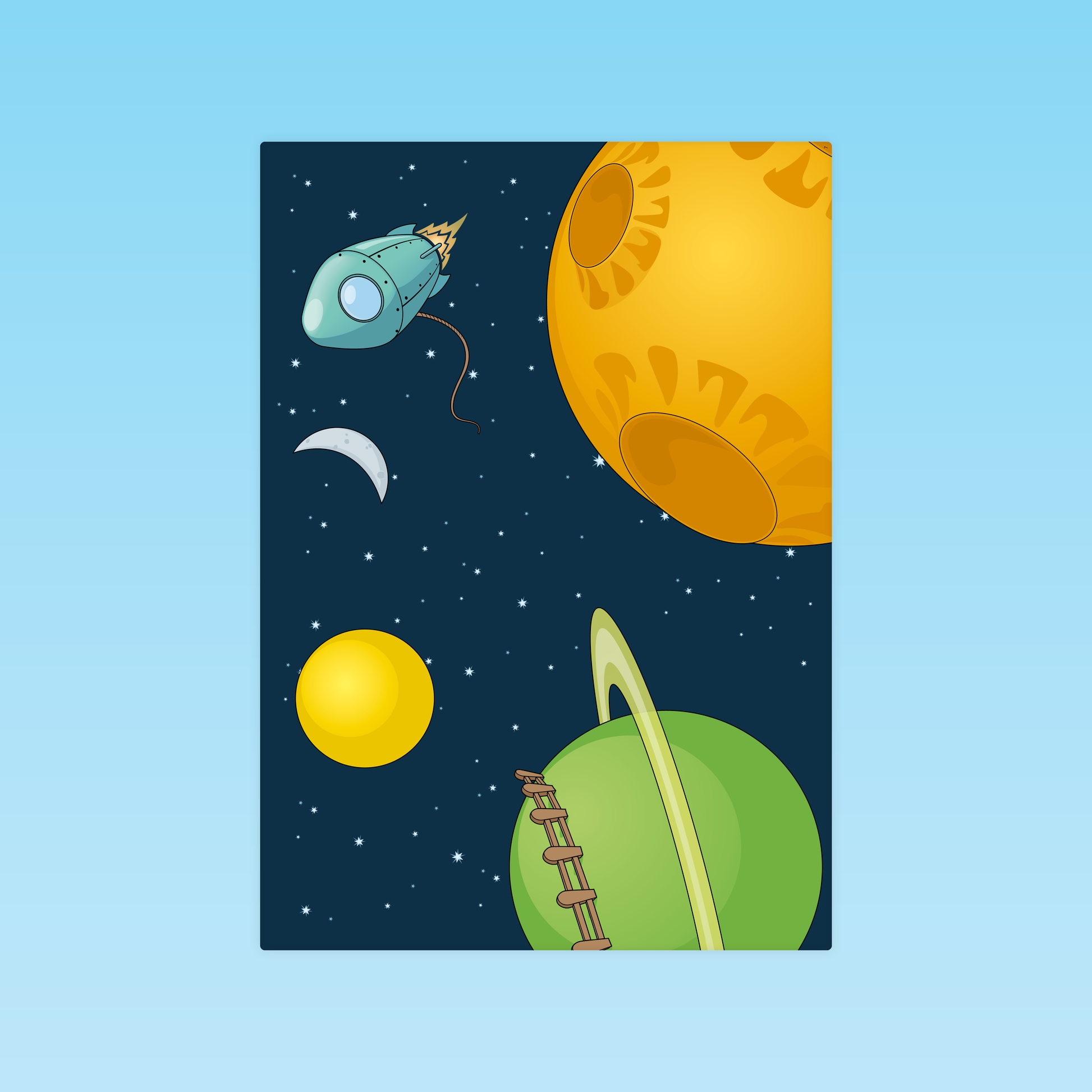 Illustration d’un décor spatial avec planètes et fusée pour support de compréhension de la langue au CP