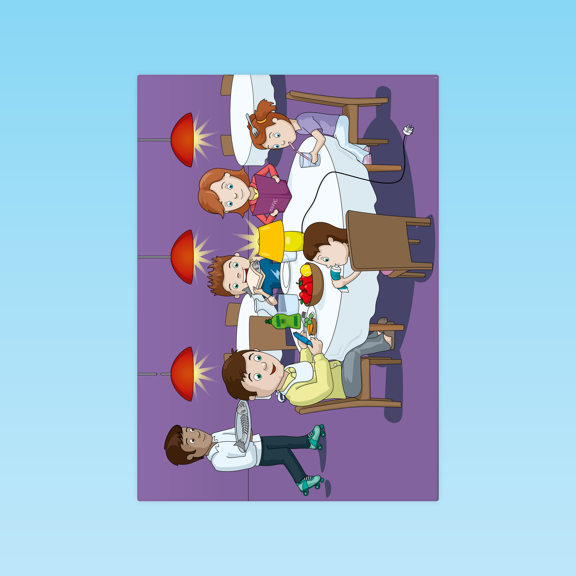 Illustration d’une scène au restaurant en famille, support pédagogique CP