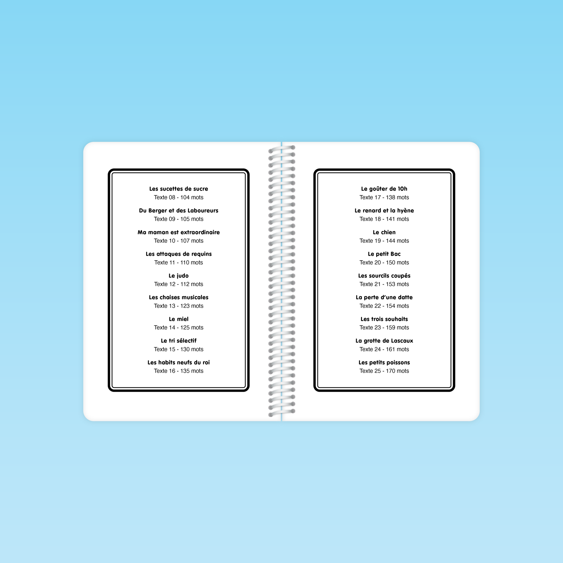 page sommaire du guide fluence de lecture CE CM avec liste des textes et nombre de mots