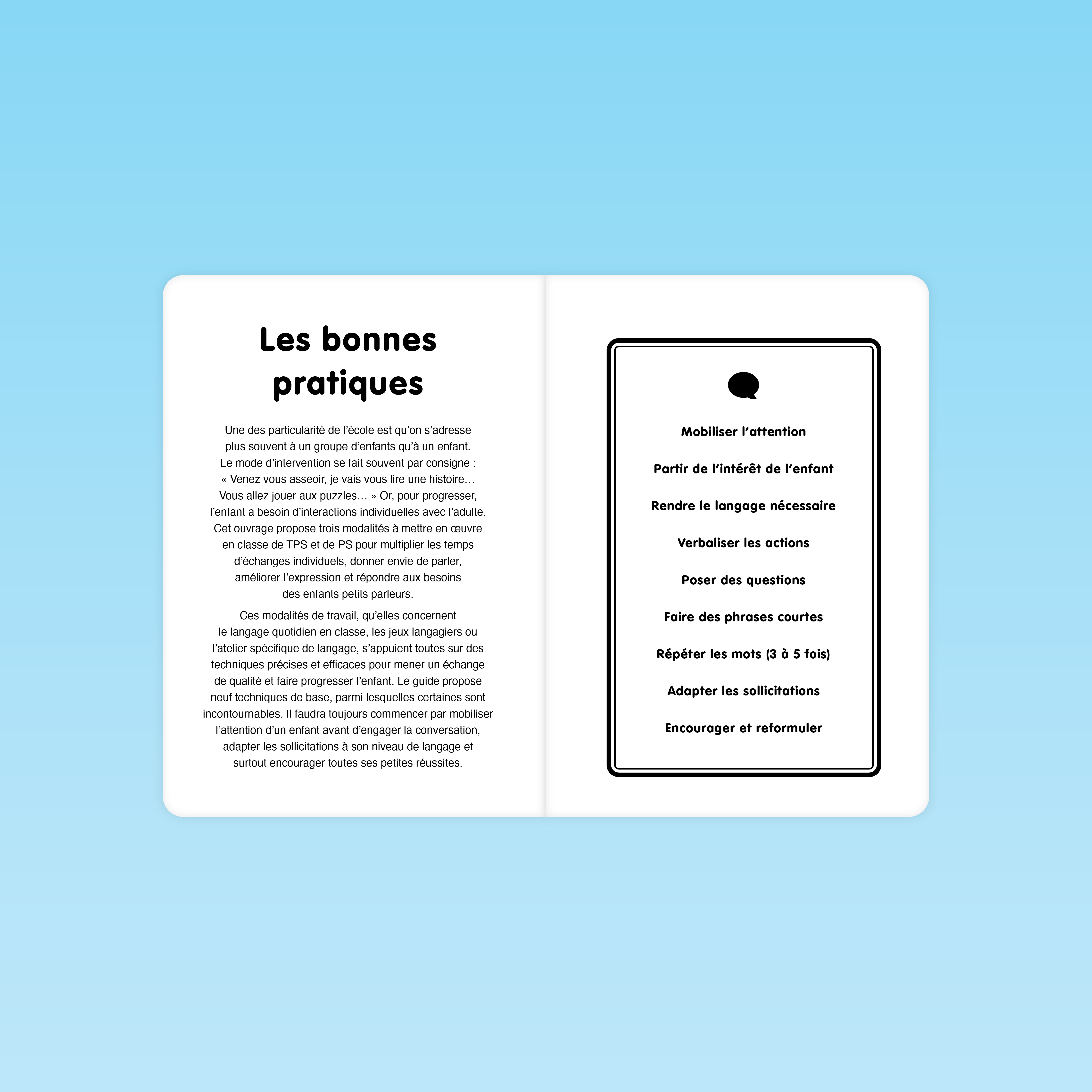 double page présentant les bonnes pratiques et les 9 techniques langagières du guide Parler Bambin pour la maternelle