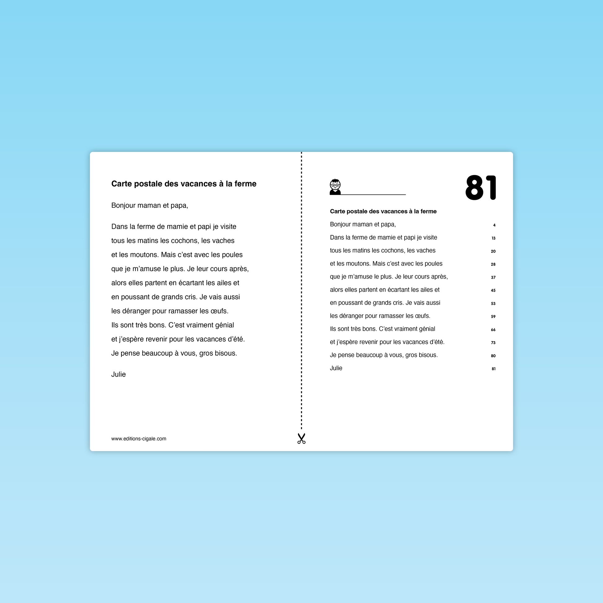 Versions différenciées du texte Carte postale des vacances à la ferme – lecture fluide et syllabée