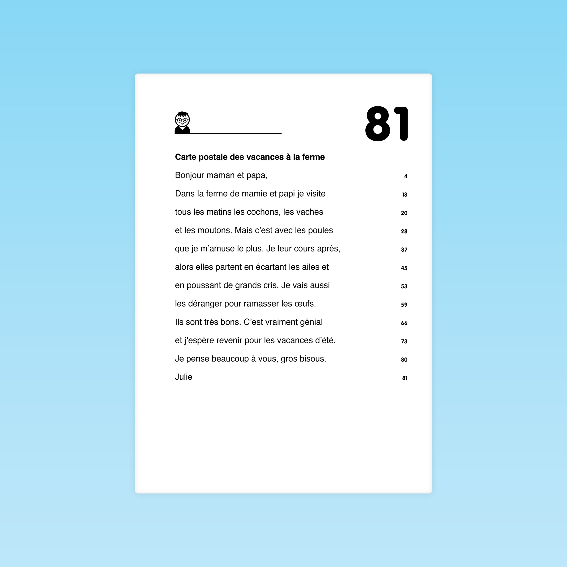 Texte de fluence Carte postale des vacances à la ferme – lecture fluide CP-CE