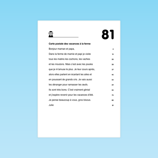 Texte de fluence Carte postale des vacances à la ferme – lecture fluide CP-CE
