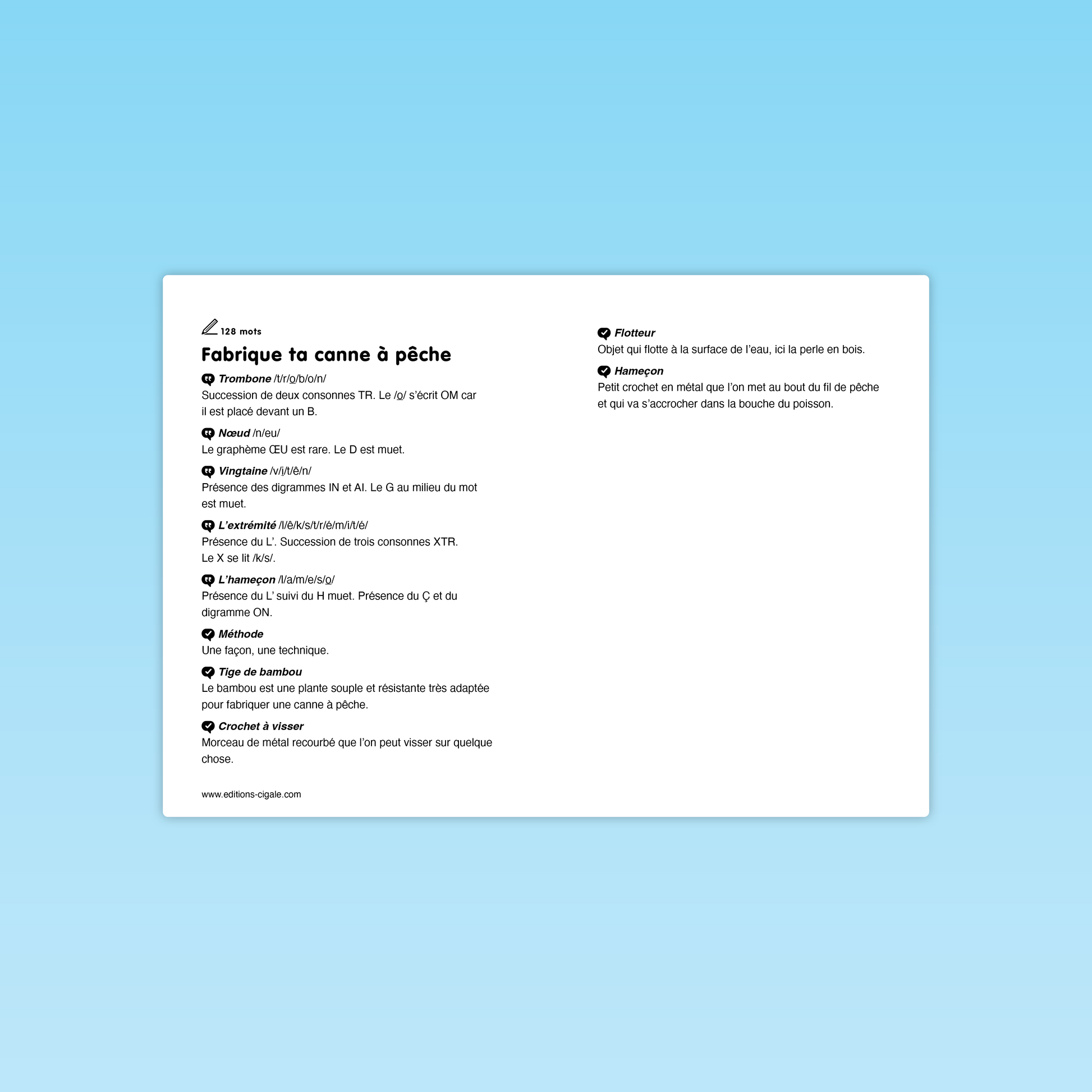 Lexique des mots à décoder – texte Fabrique ta canne à pêche
