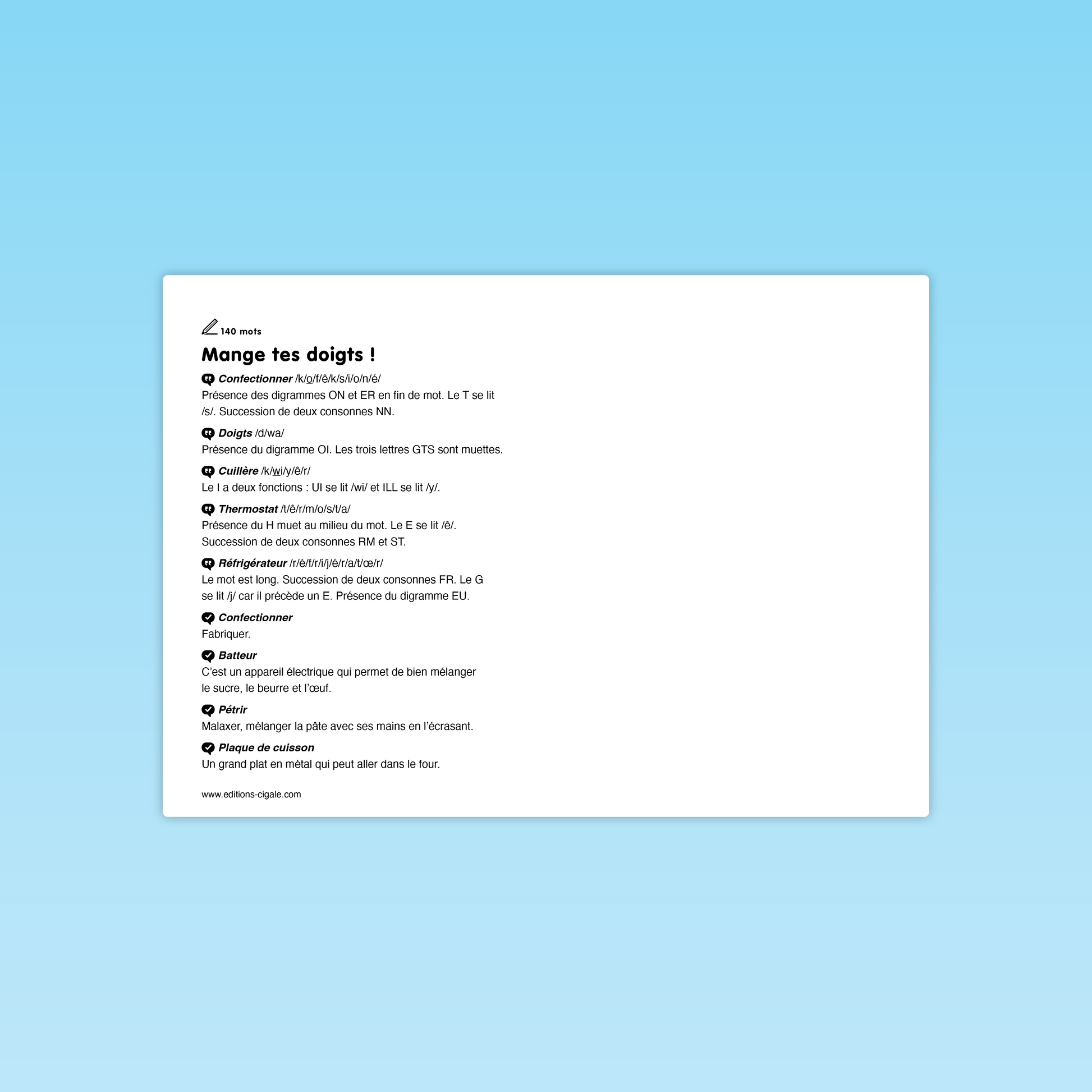 Lexique des mots à décoder – texte Mange tes doigts
