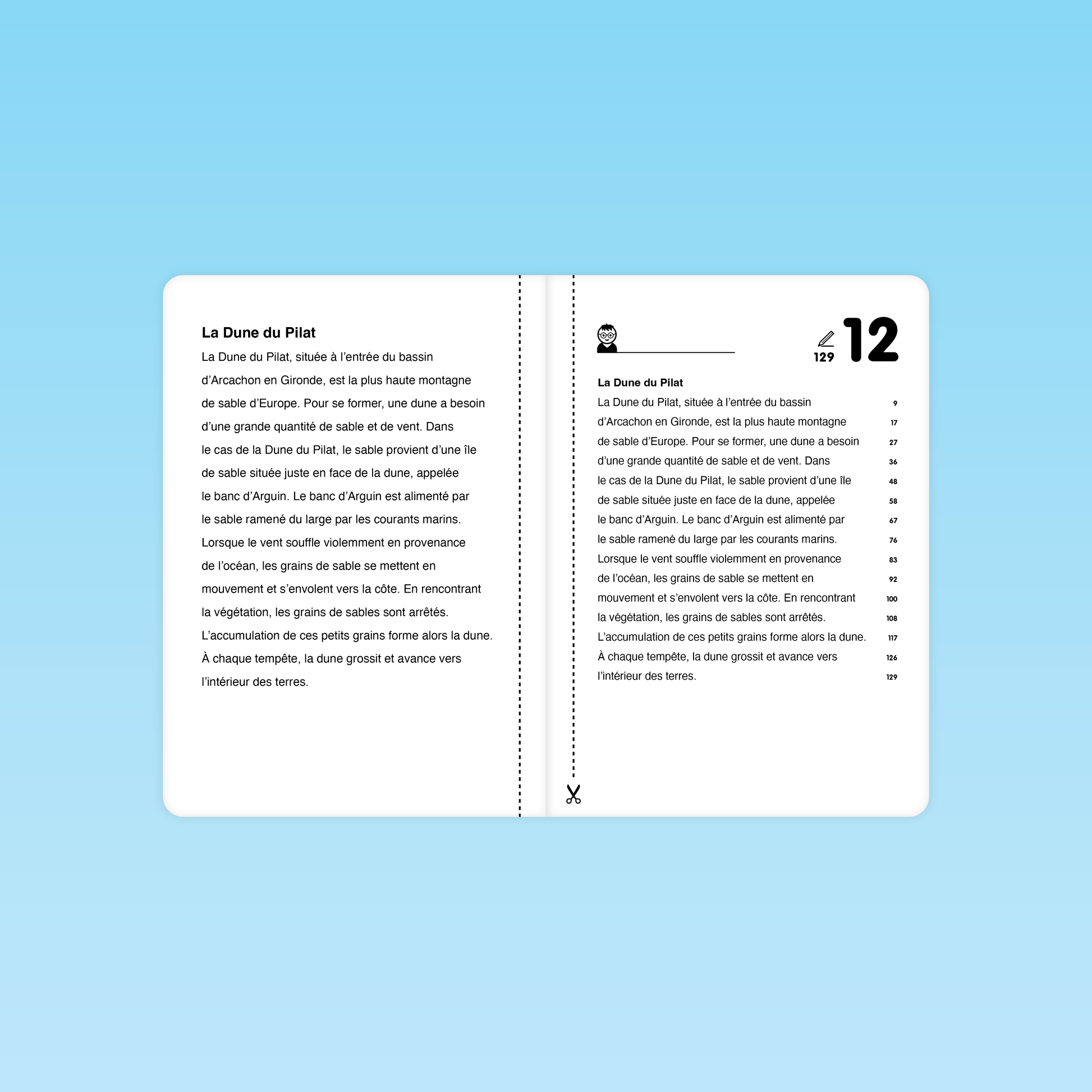 texte La Dune du Pilat pour fluence CM 6e 5e avec découpage par lignes et indication de 129 mots