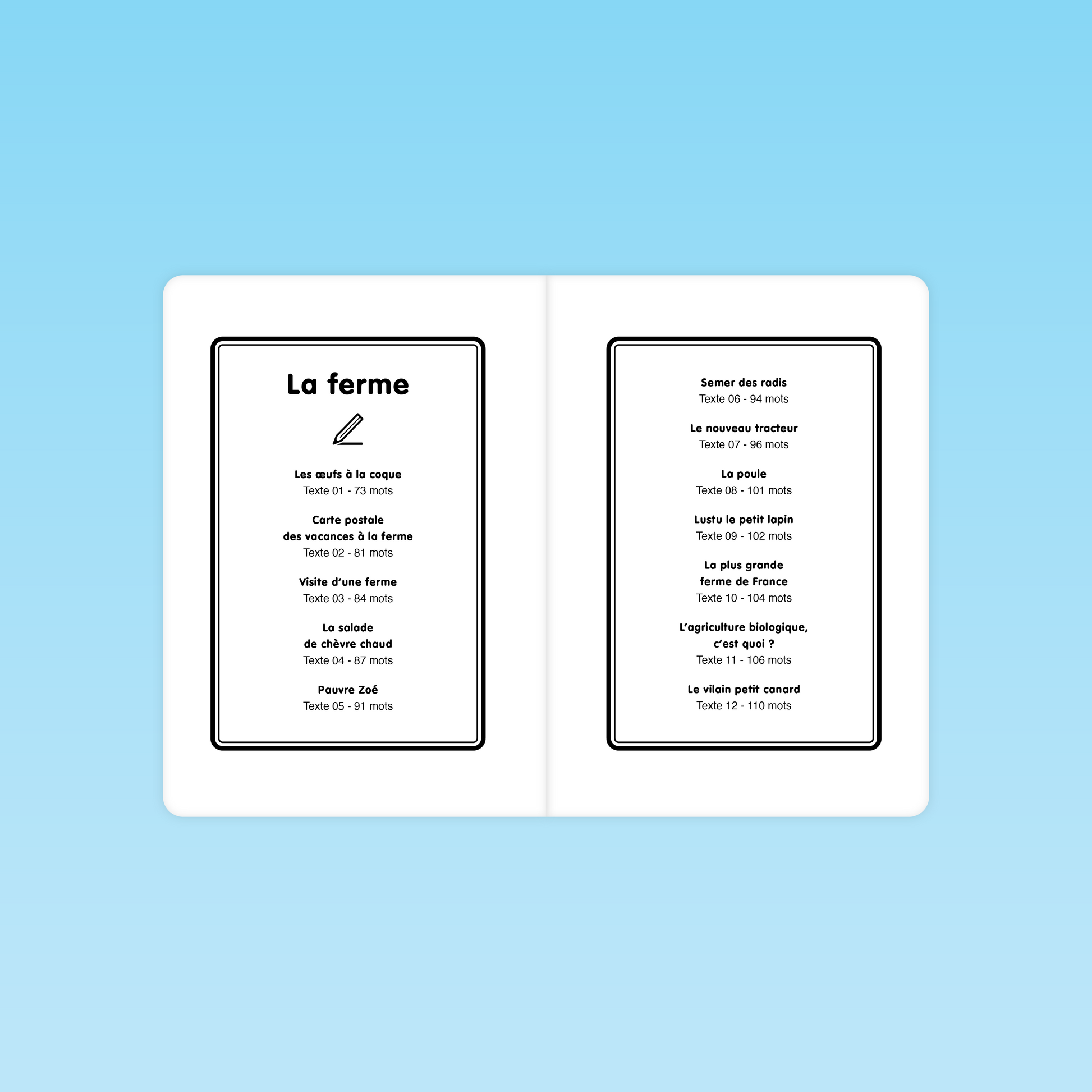 sommaire des 12 textes fluence CP sur le thème de la ferme