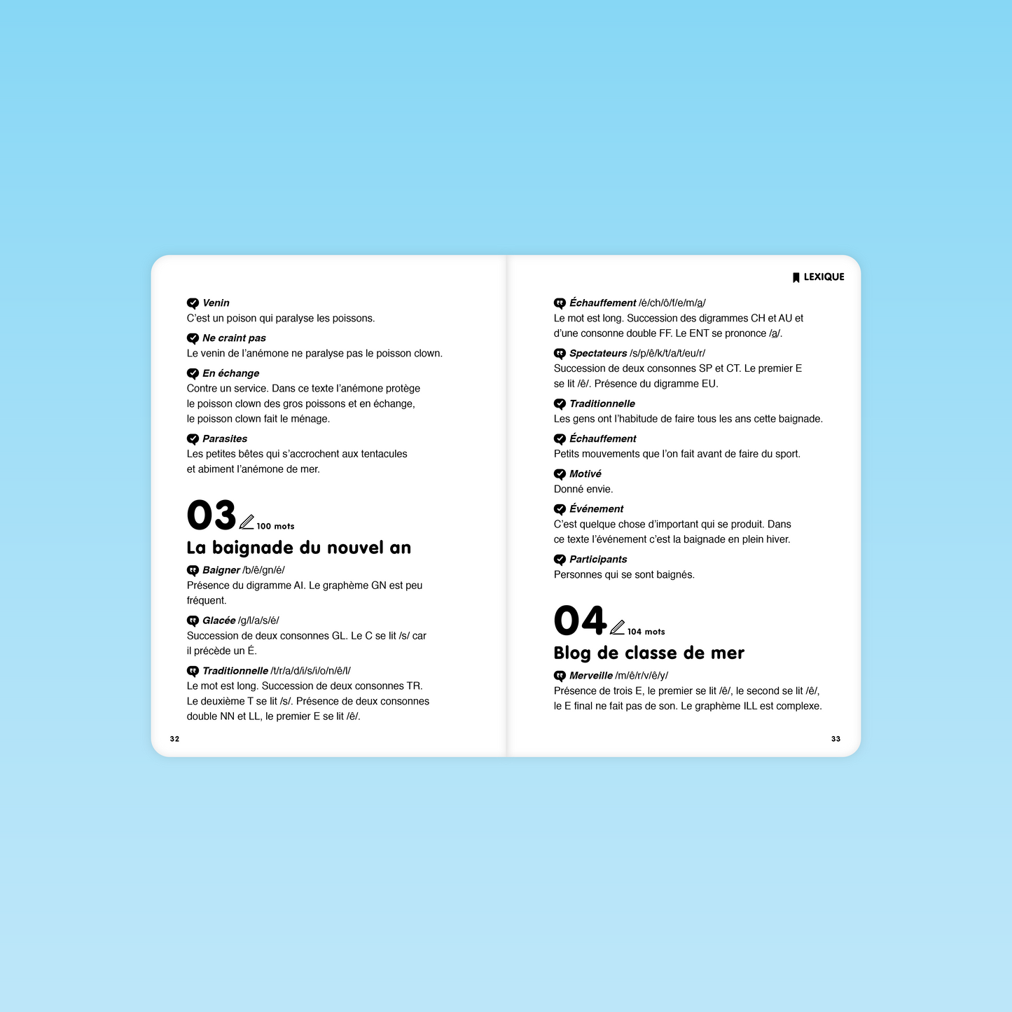 Lexique illustré pour les textes La baignade du nouvel an et Blog de classe de mer