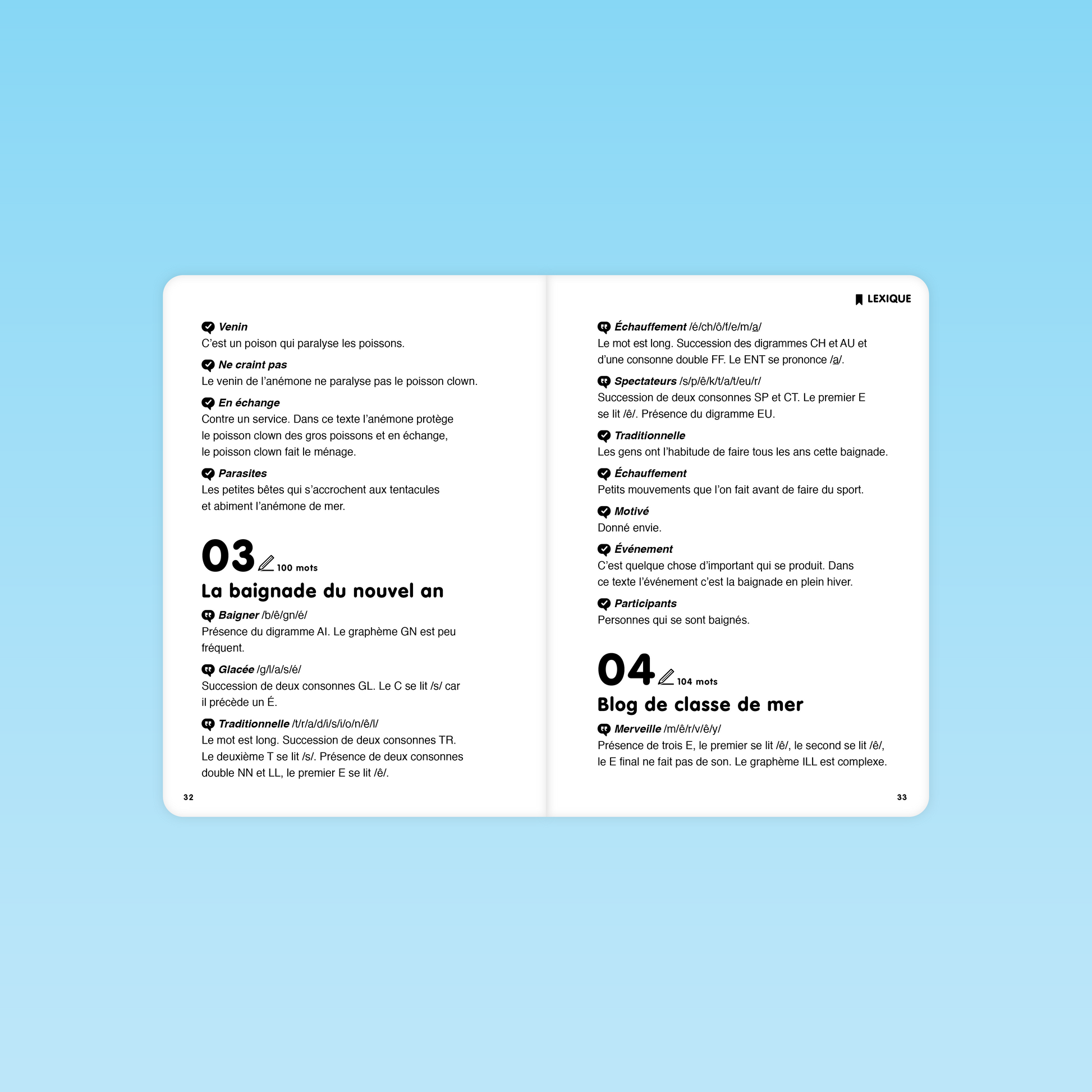 Lexique illustré pour les textes La baignade du nouvel an et Blog de classe de mer