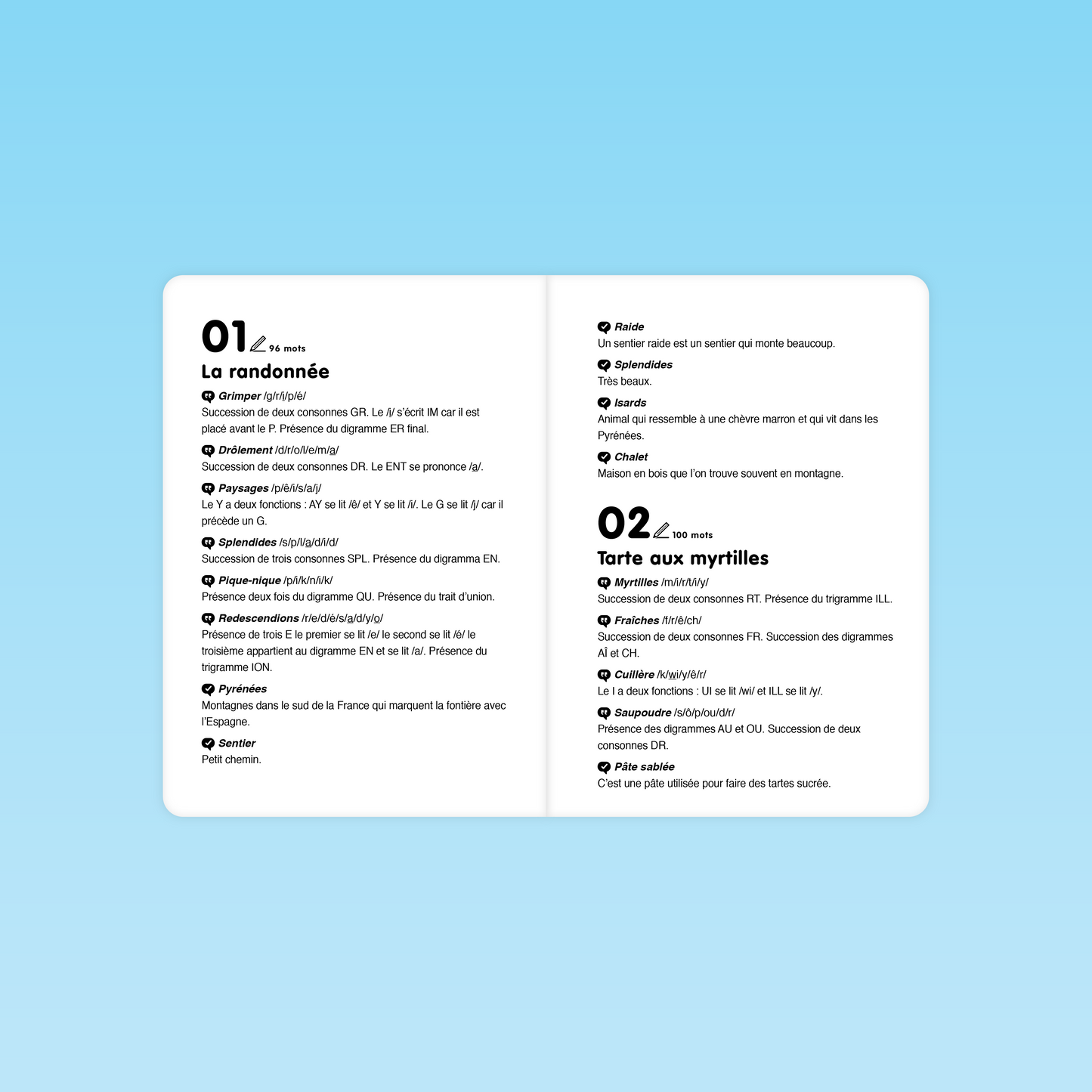 lexique des textes La randonnée et Tarte aux myrtilles pour apprentissage du vocabulaire en CP‑CE