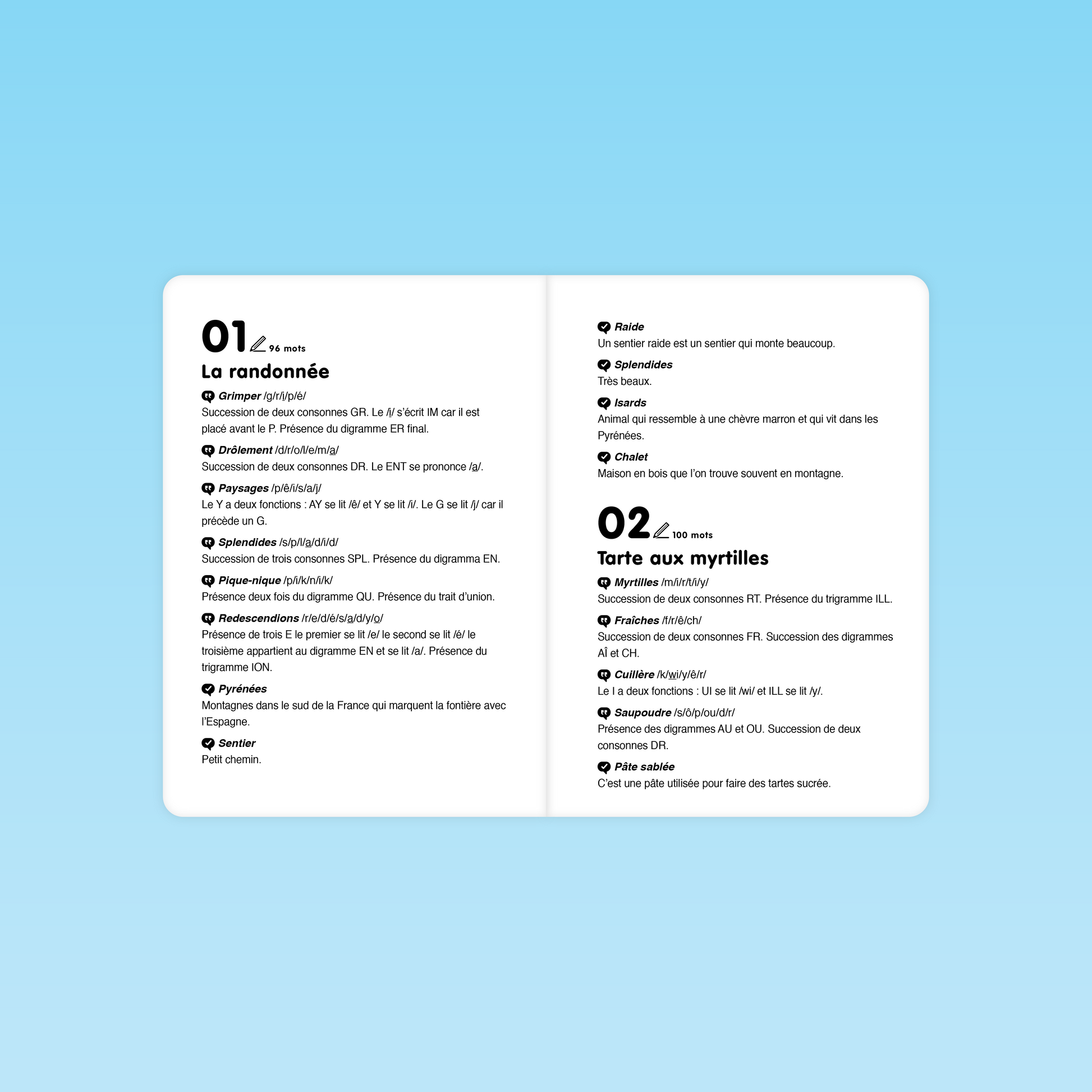 lexique des textes La randonnée et Tarte aux myrtilles pour apprentissage du vocabulaire en CP‑CE