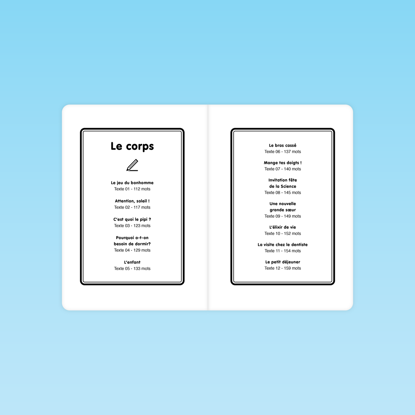 sommaire des textes de fluence sur le thème du corps pour lecture CE et CM