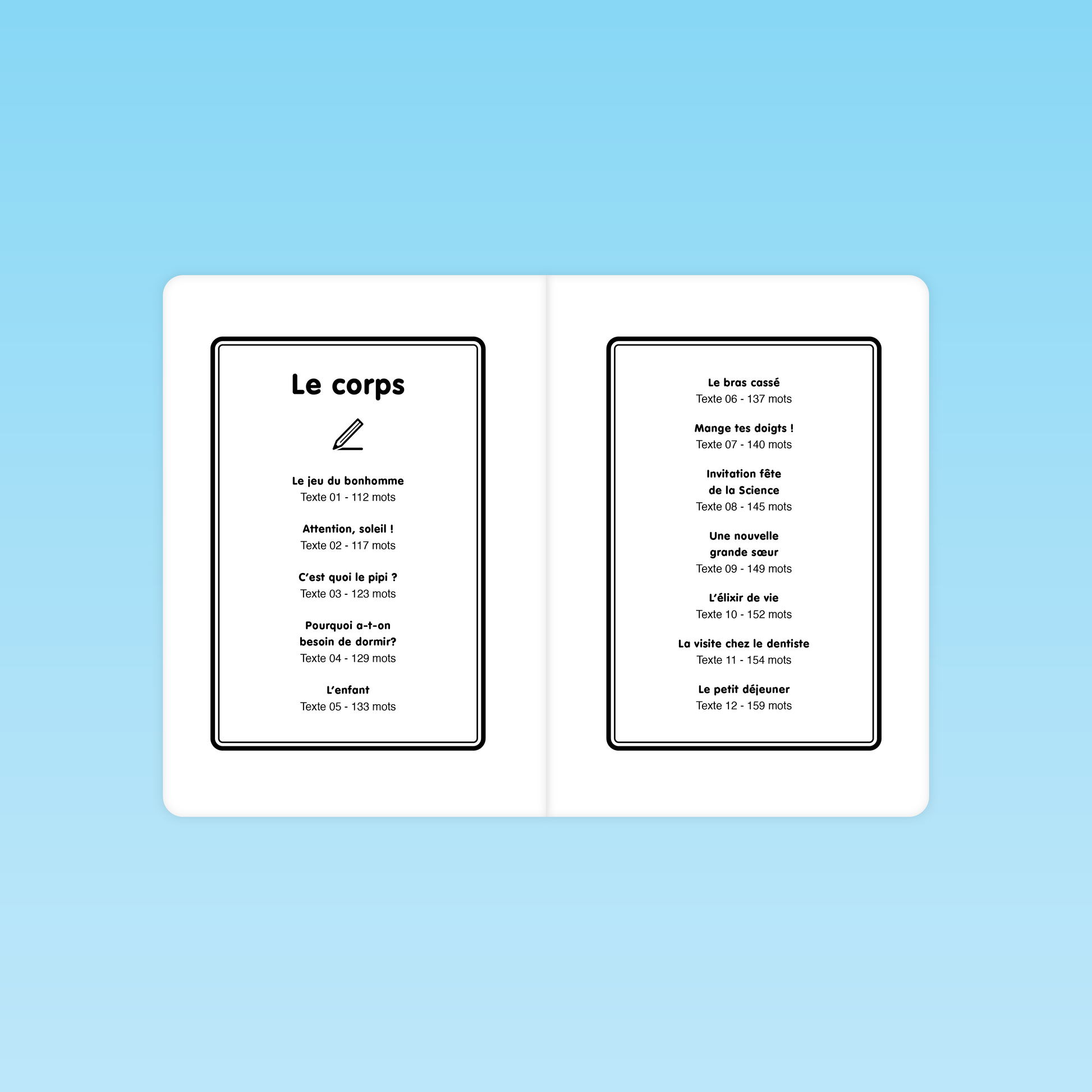 sommaire des textes de fluence sur le thème du corps pour lecture CE et CM