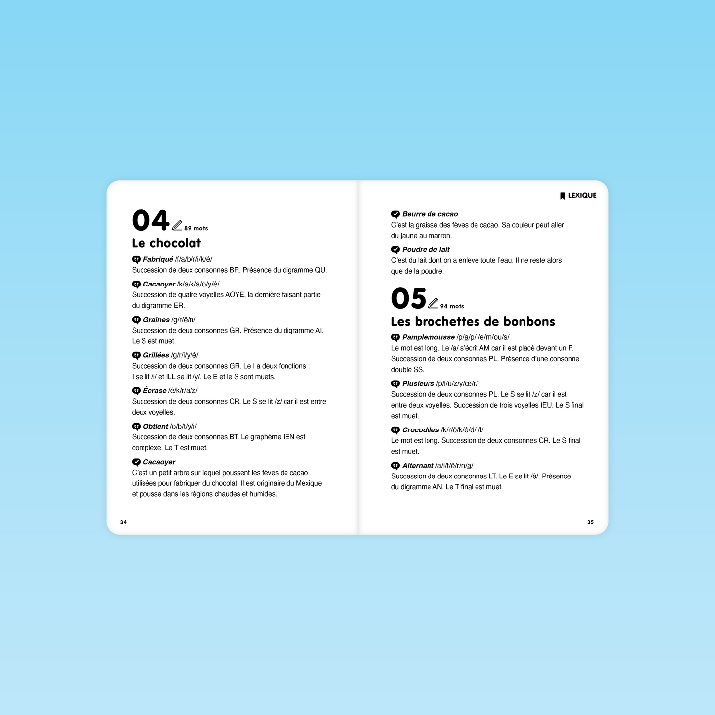 page lexique des textes Le chocolat et Les brochettes de bonbons pour fluence CP