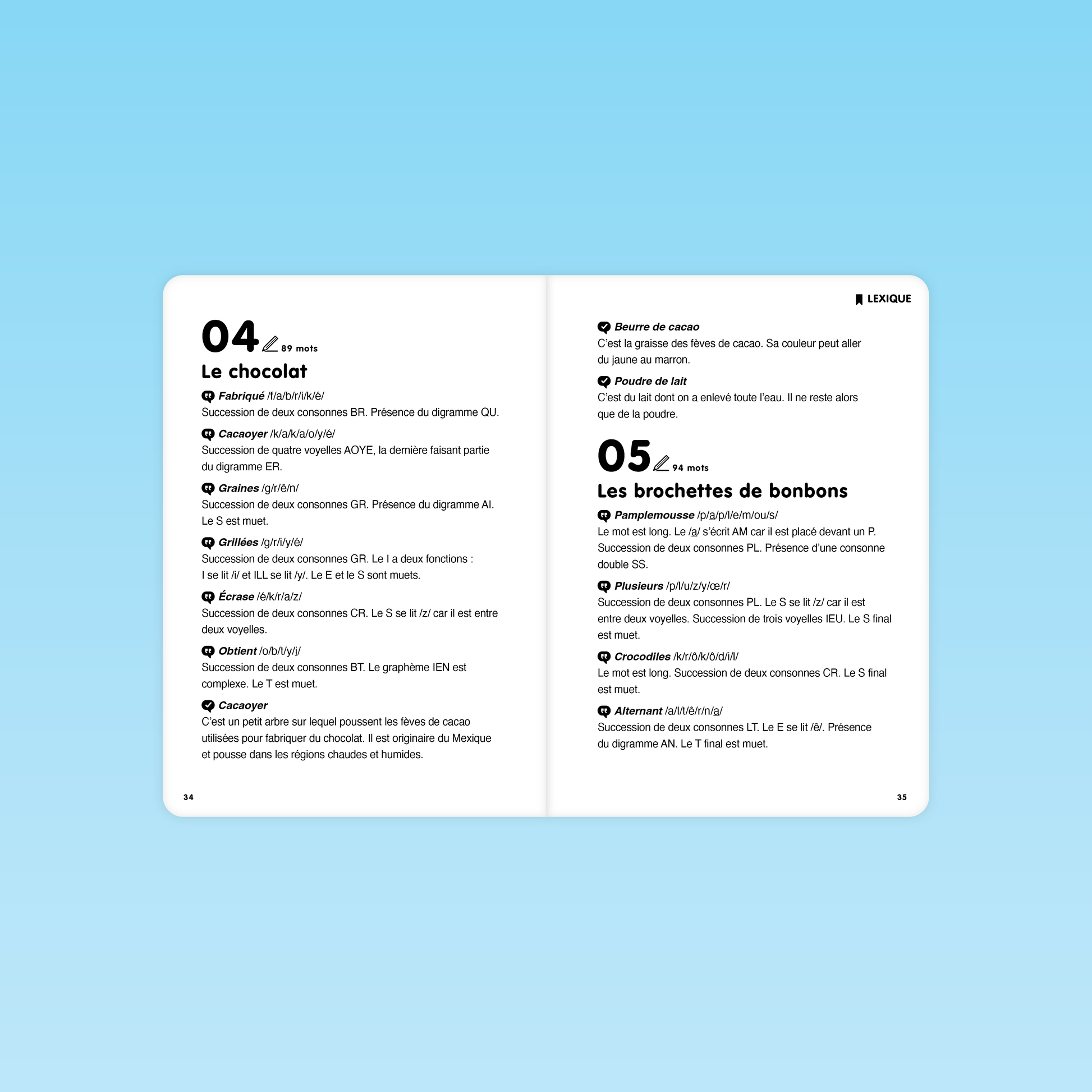 page lexique des textes Le chocolat et Les brochettes de bonbons pour fluence CP
