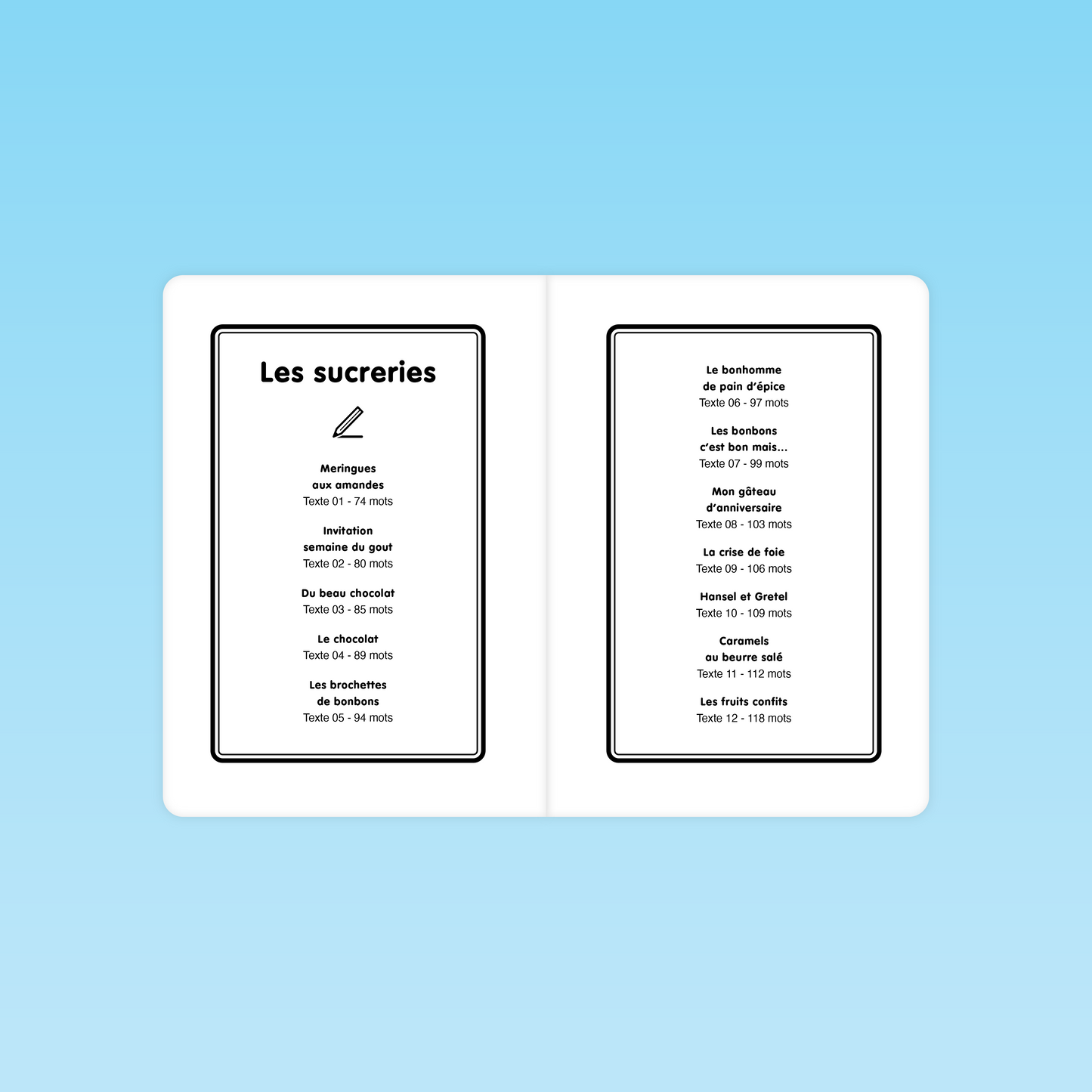 sommaire des 12 textes sur les sucreries pour travailler la fluence en lecture au CP