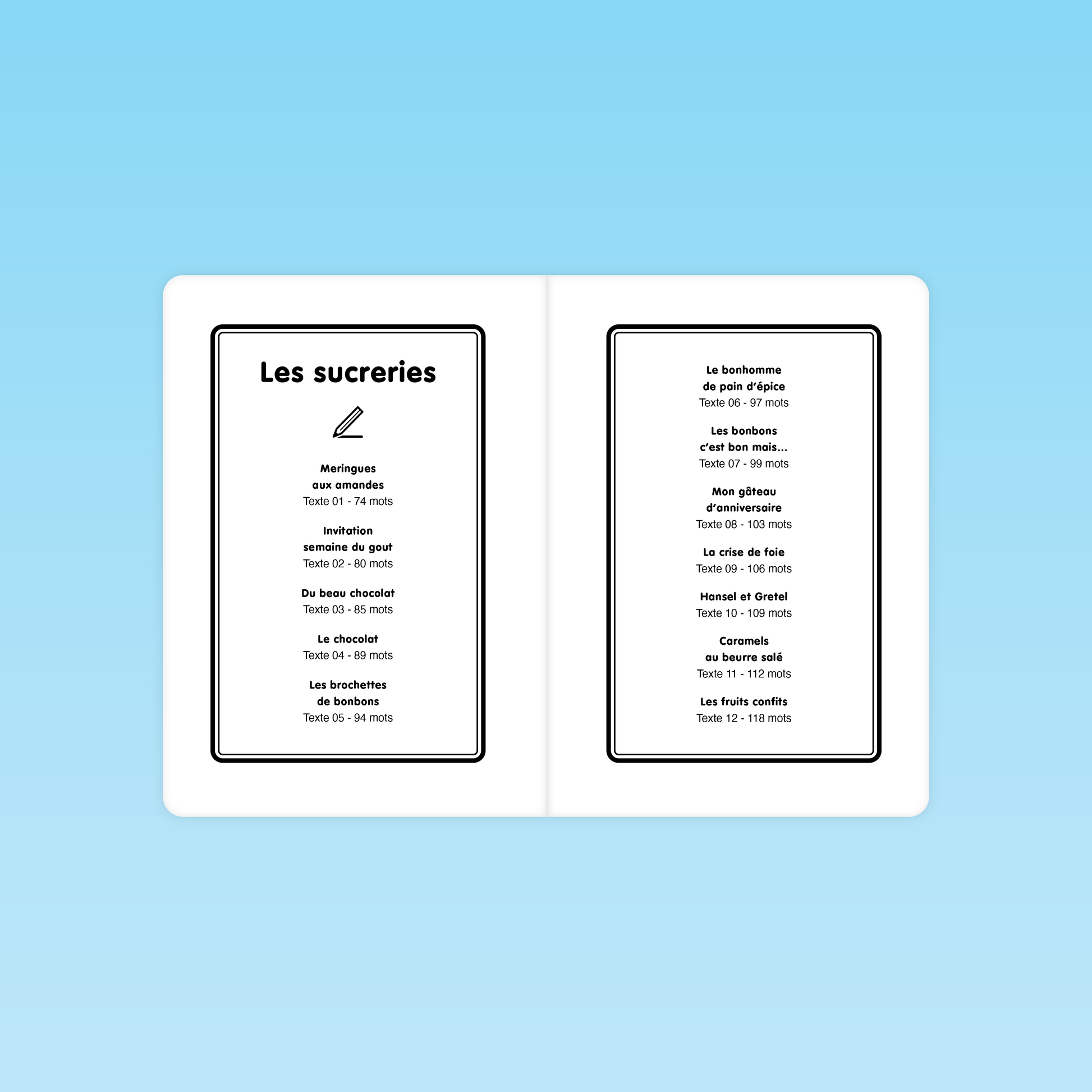 sommaire des 12 textes sur les sucreries pour travailler la fluence en lecture au CP