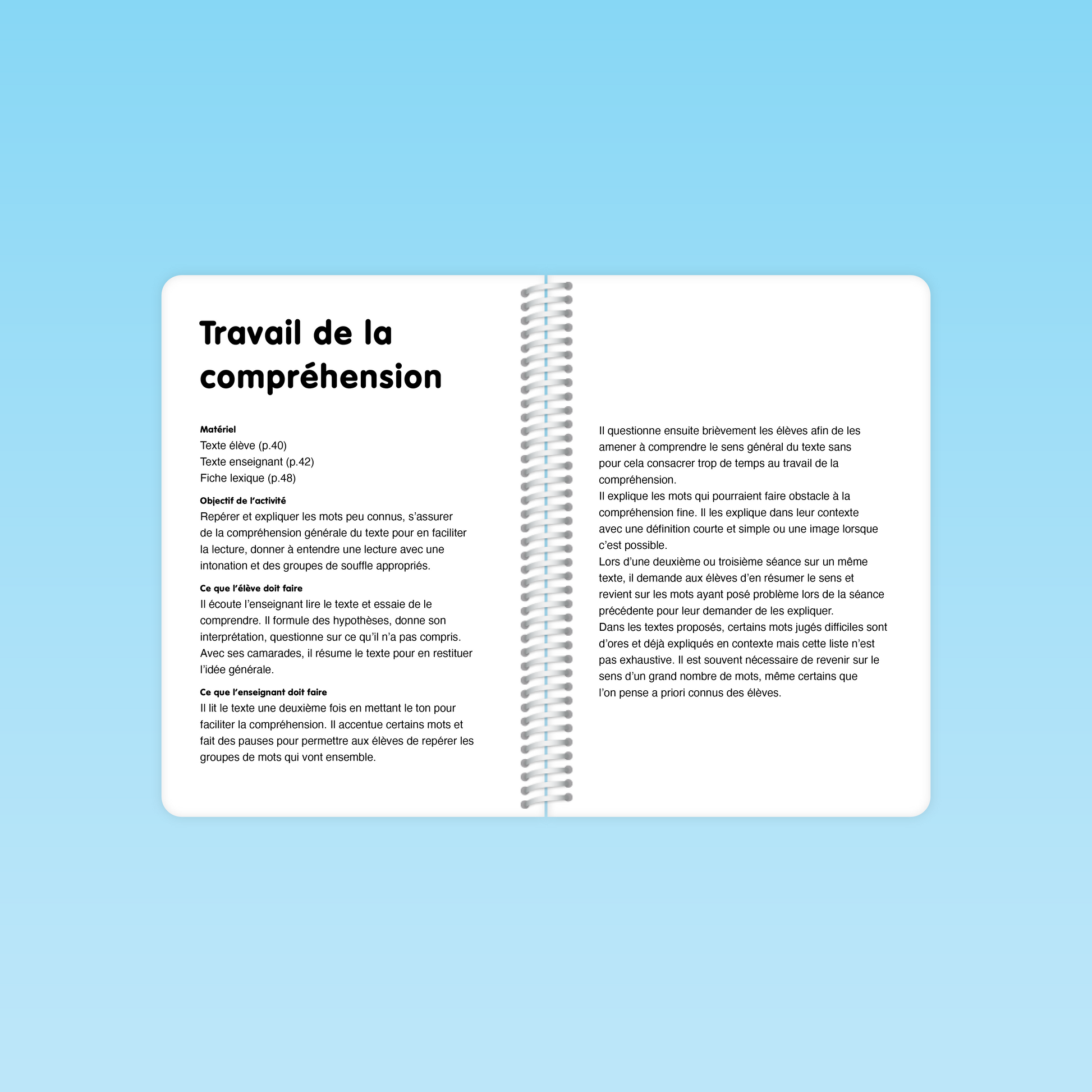 double page du guide Fluence de lecture CE CM présentant la section « Travail de la compréhension » avec matériel, objectifs et consignes détaillés