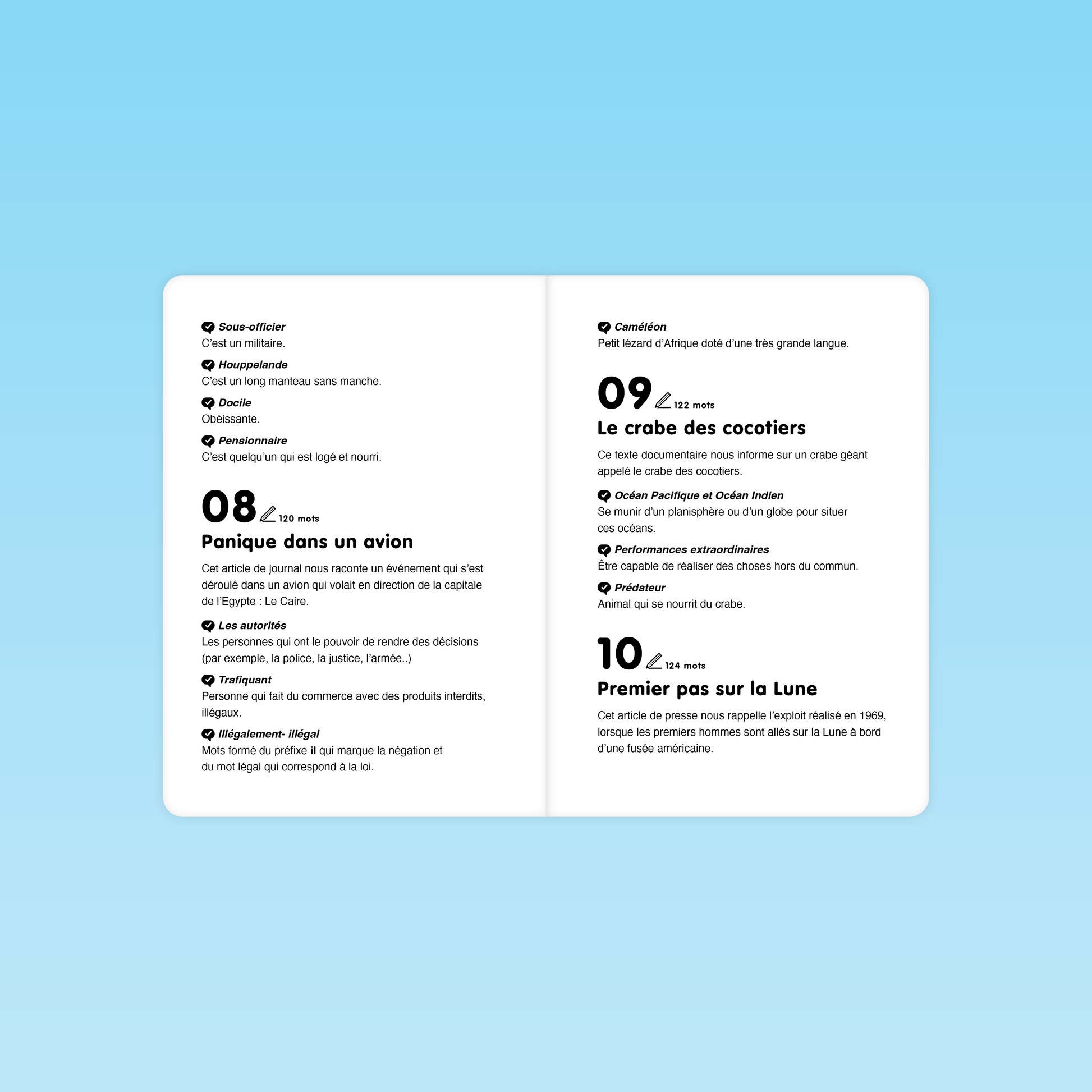 extraits et lexique des textes Panique dans un avion, Le crabe des cocotiers et Premier pas sur la Lune pour fluence CM 6e 5e